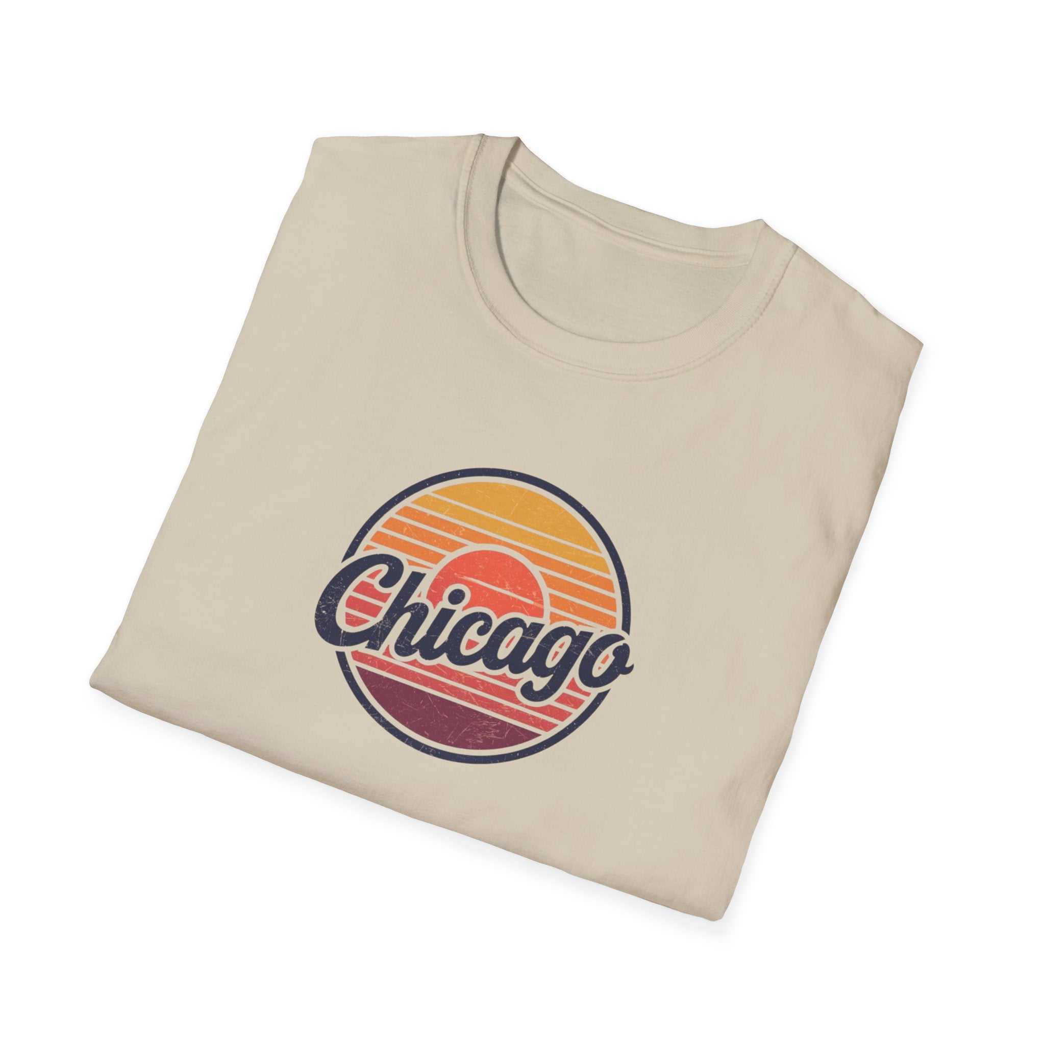 Chicago Retro Sunset T-Shirt | Vintage Script City Design