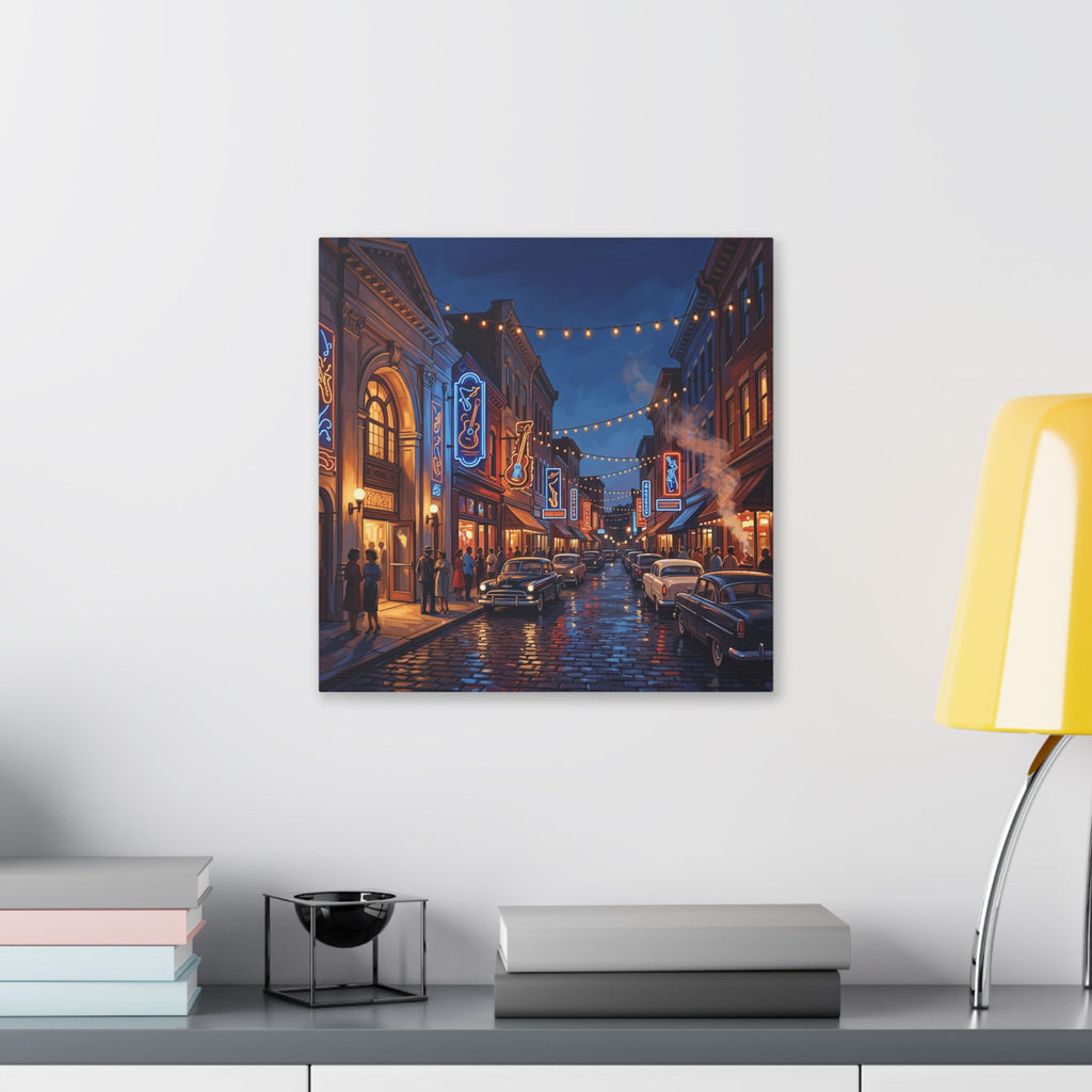Kansas City 18th and Vine Jazz District -Vintage Neon Main Street Canvas Print — Retro Nighttime Cityscape Wall Art