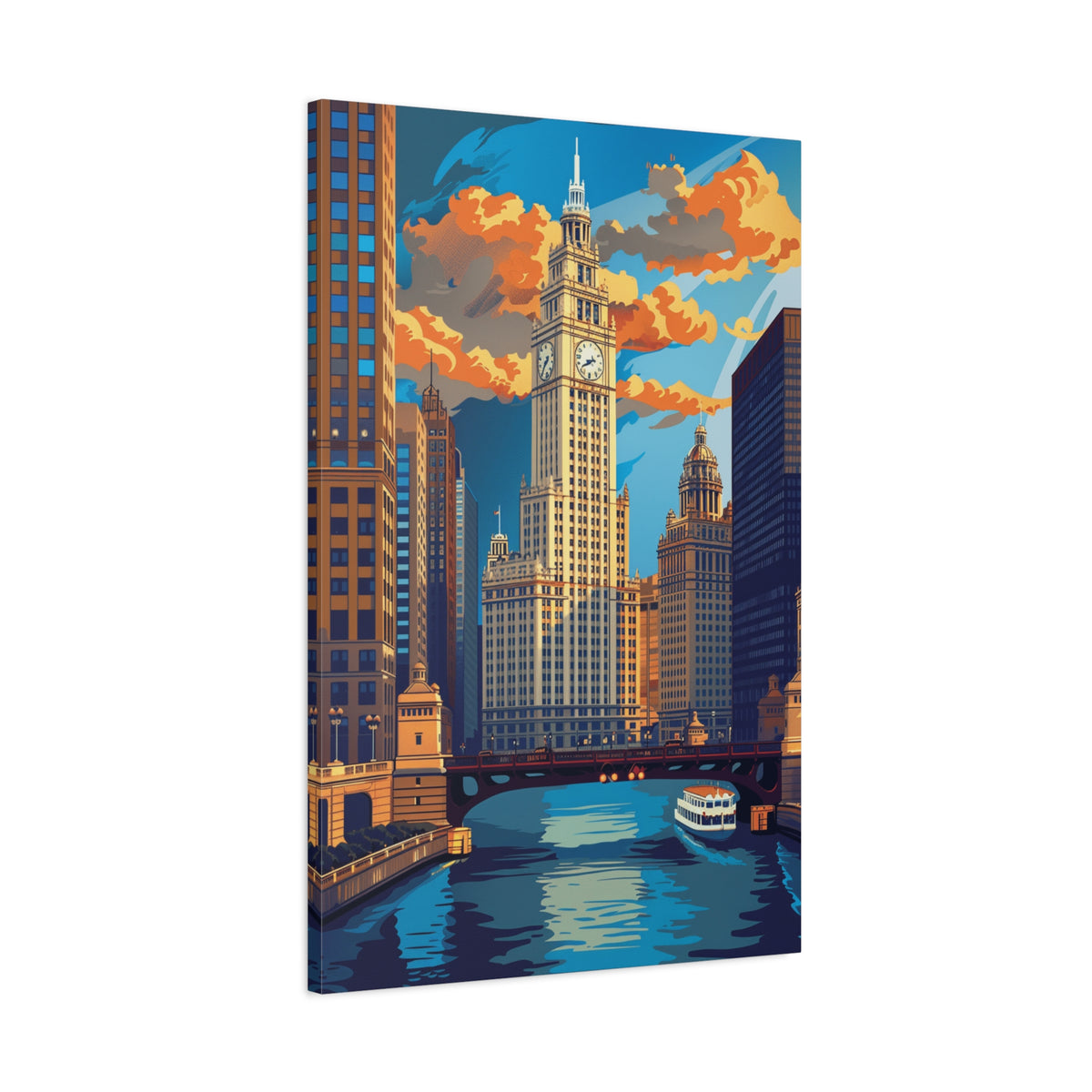 Chicago River Skyline Stretched Canvas — Vintage Cityscape Wall Art