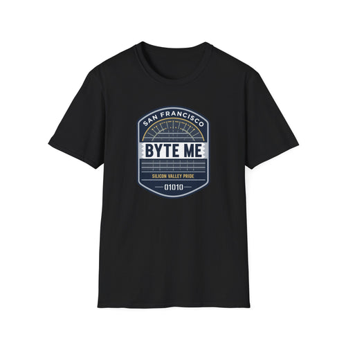 Byte Me San Francisco T-Shirt — Retro Tech Badge Tee (01010)