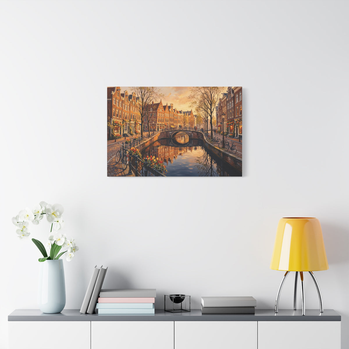 Amsterdam Canal Sunset Stretched Canvas Wall Art