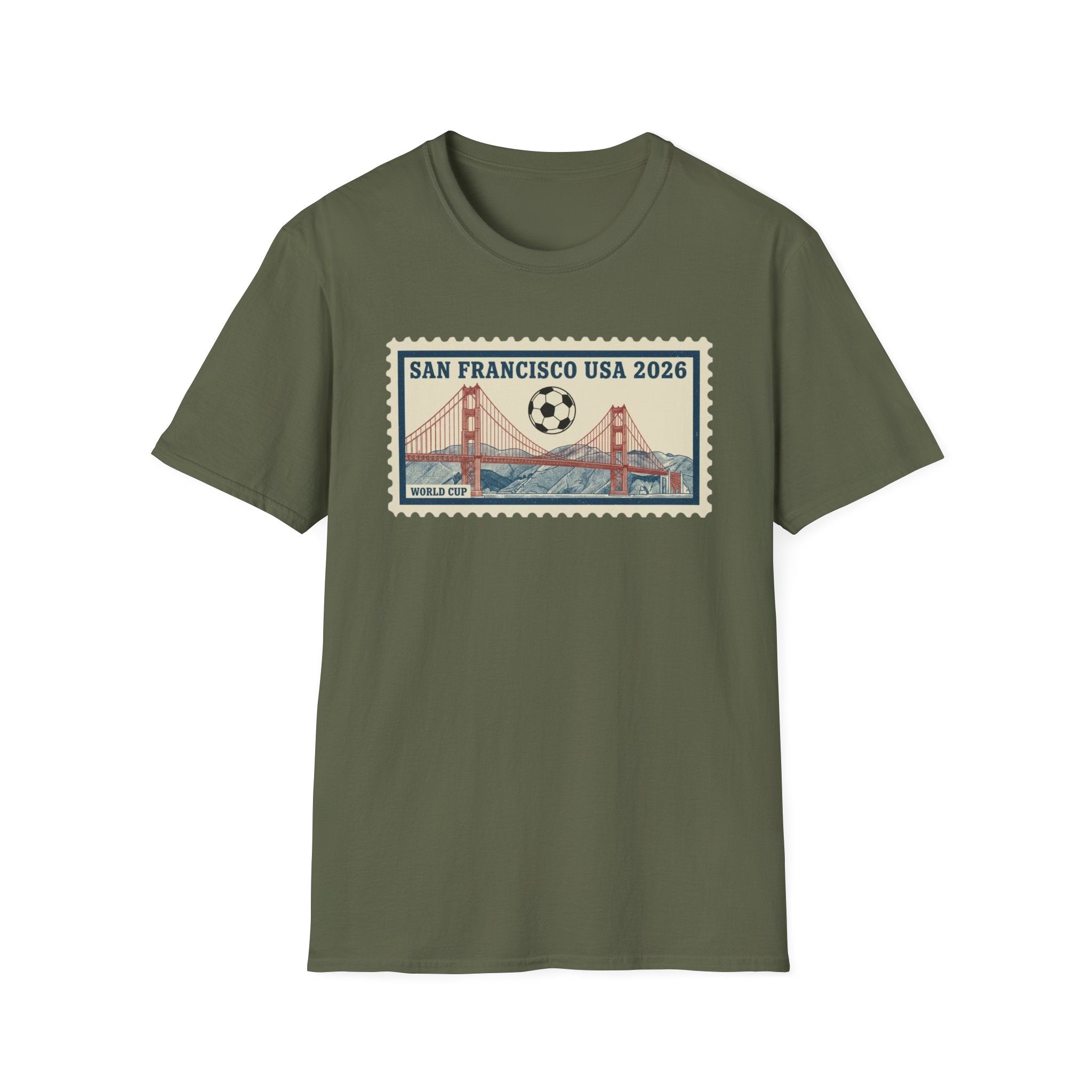 San Francisco 2026 Golden Gate Stamp T-Shirt — Vintage Soccer Postage Design