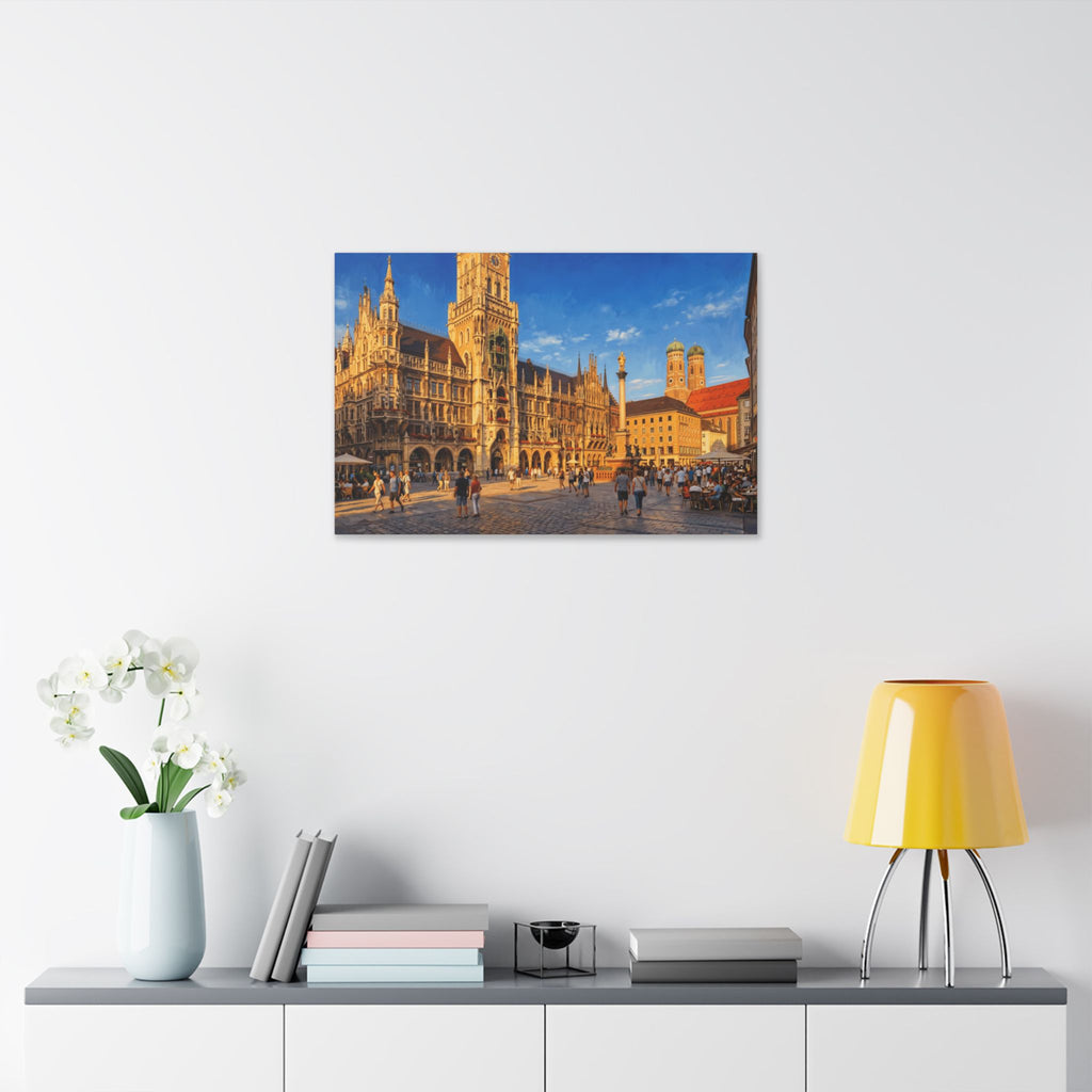 Munich Marienplatz Canvas Wall Art – European Cityscape Stretched Canvas