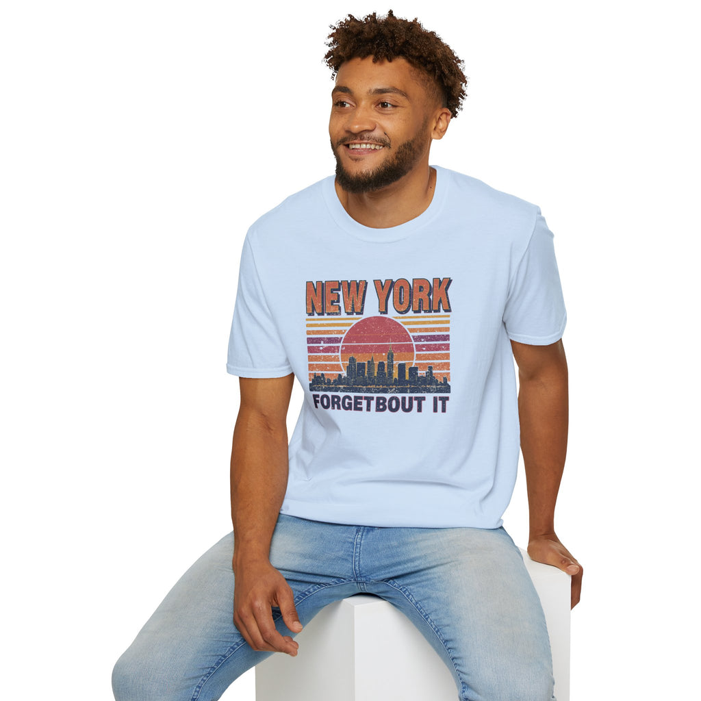 New York Skyline T‑Shirt – “Forgetbout It” Vintage Sunset Tee