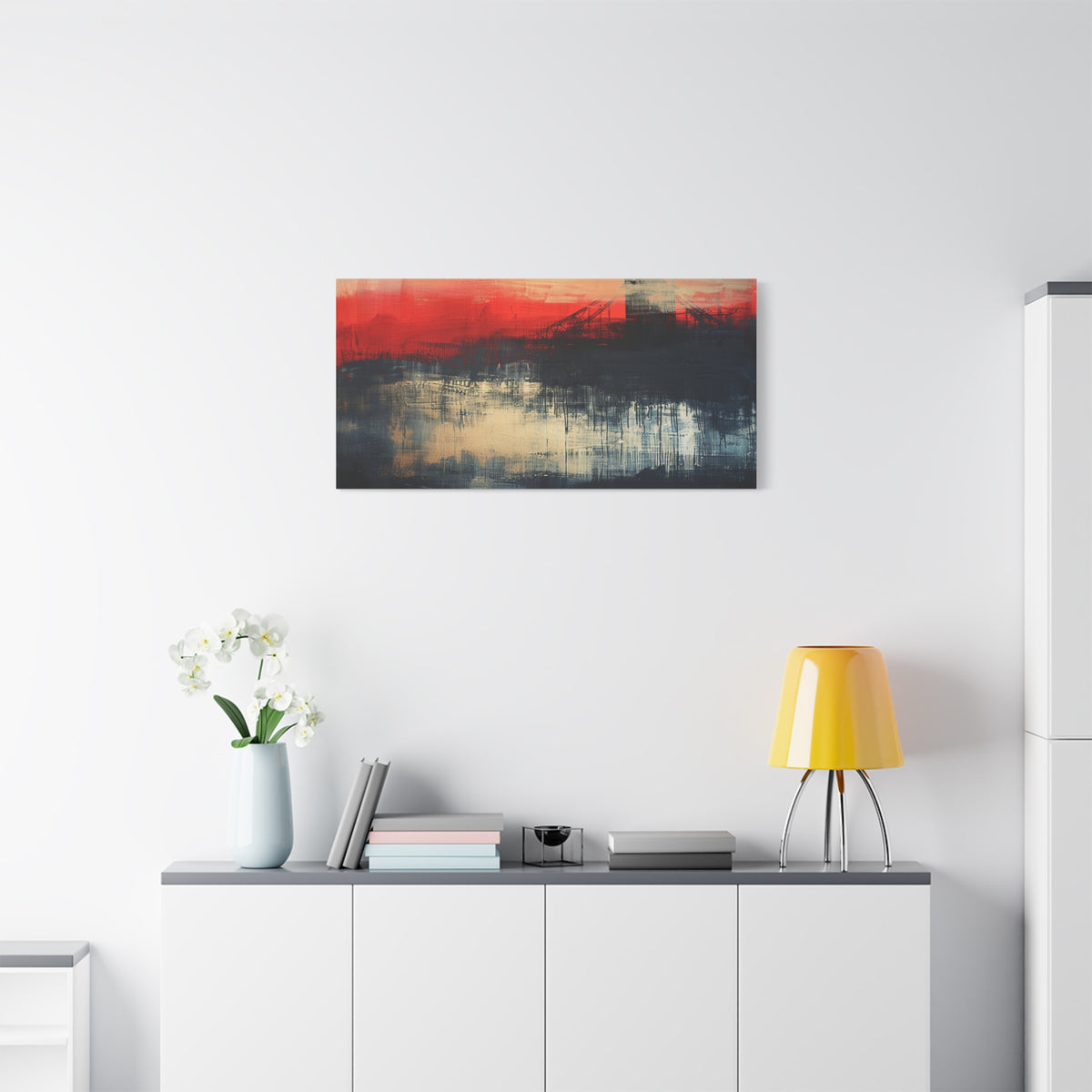 Abstract London Bridge Canvas Wall Art – Red & Navy Stretched Painting