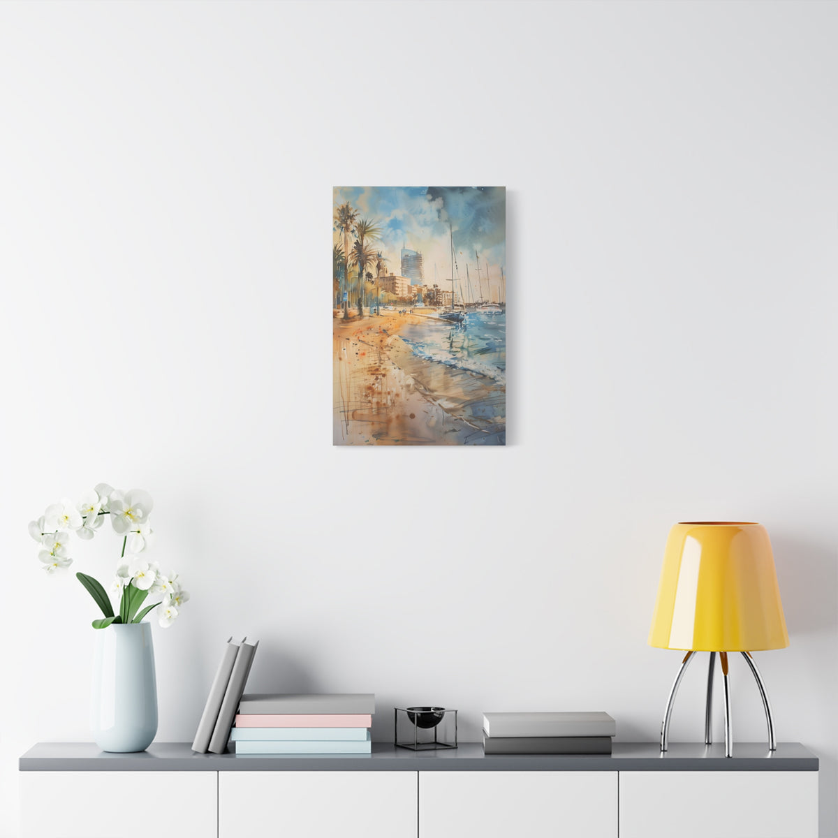 Barcelona Harbour - Mediterranean Seaside Palm Beach Canvas — Coastal Watercolor Stretched Wall Art