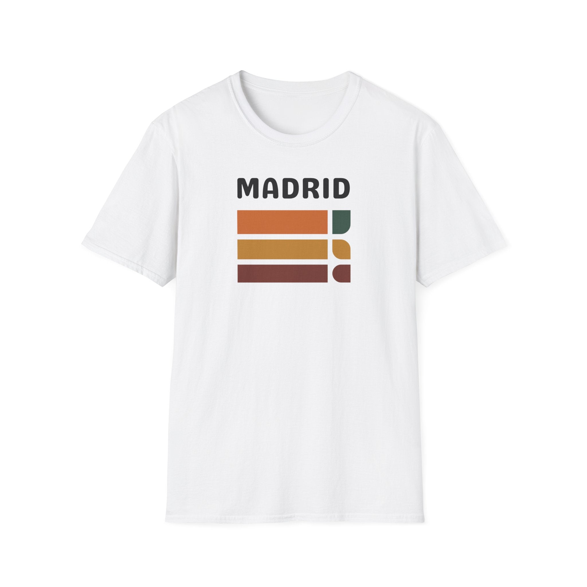 Madrid Retro Stripes T-Shirt | Vintage City Typography, Earth Tone Bars