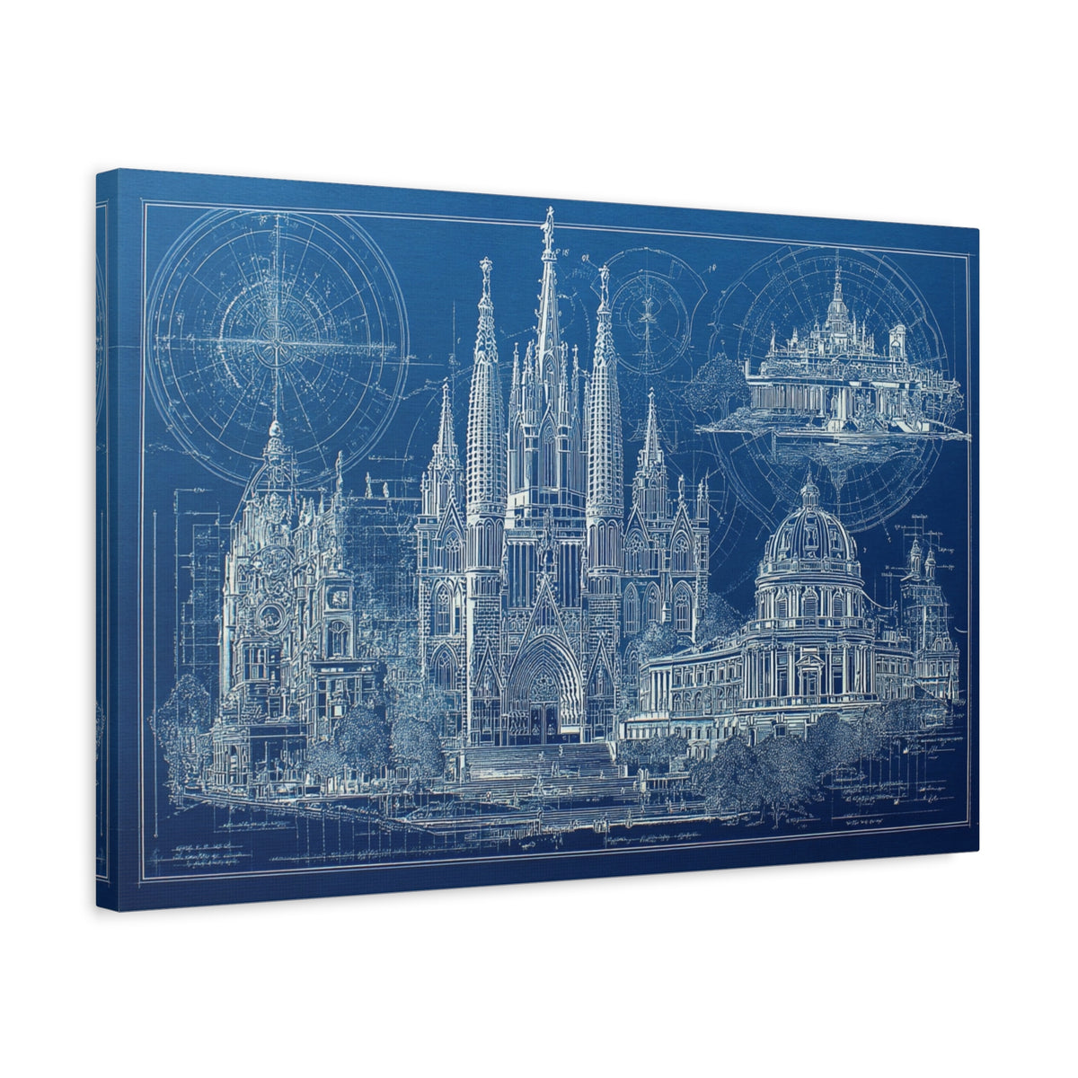 Blueprint Barcelona Canvas Print — Architectural Wall Art, Blueprint / Engraving HORIZONTAL landmarks, Sagrada Família, Park Güell, Casa Batlló