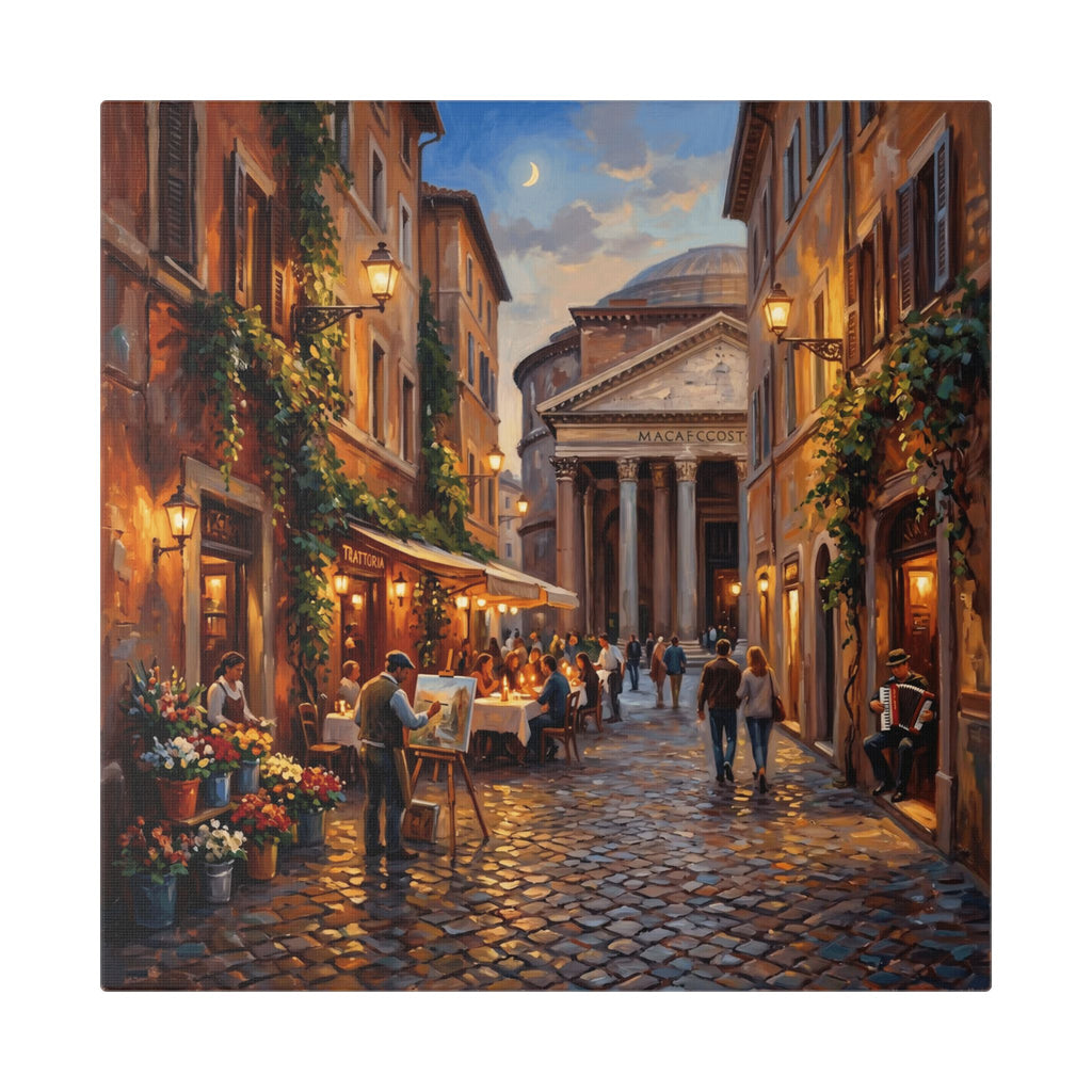 Romantic European Street Canvas — Evening Cafe by the Pantheon