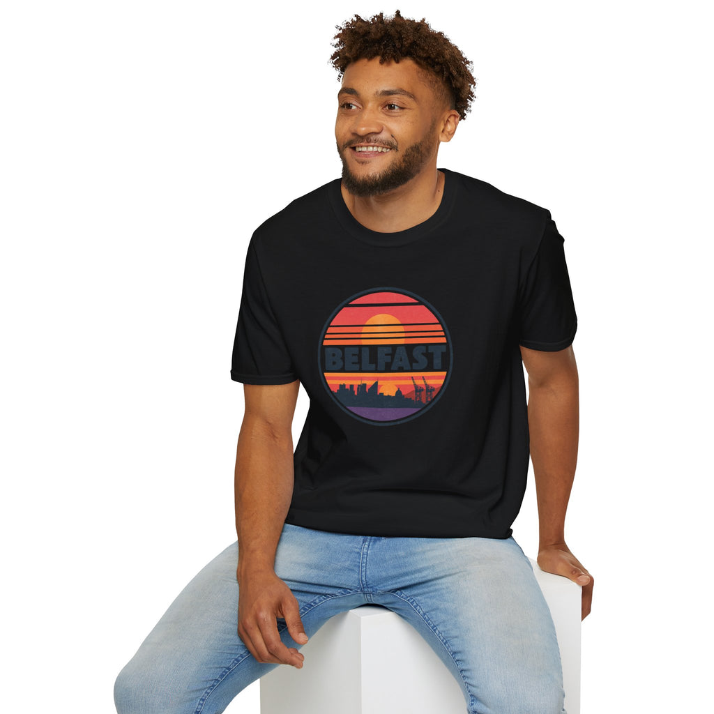 Belfast Sunset T-Shirt — Retro Skyline Graphic Tee