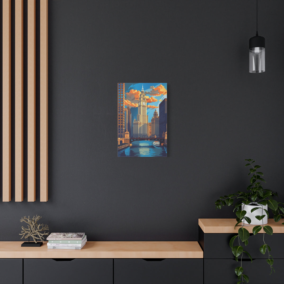 Chicago River Skyline Stretched Canvas — Vintage Cityscape Wall Art