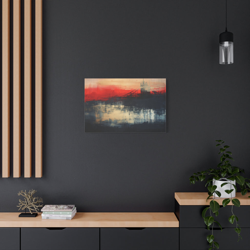 Abstract London Bridge Canvas Wall Art – Red & Navy Stretched Painting