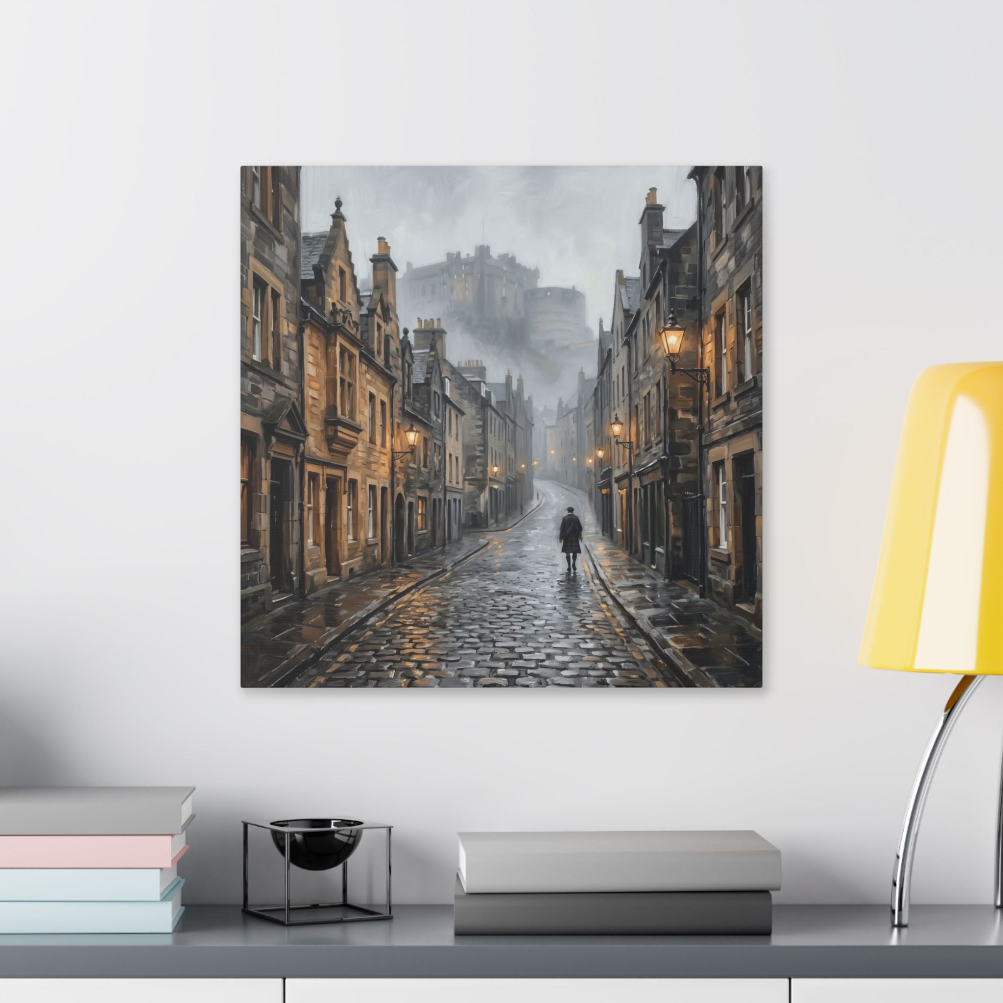 Edinburgh Royal Mile - Canongate to Edinburgh Castle - Vintage Cobblestone Street Canvas — Moody Cityscape Wall Art