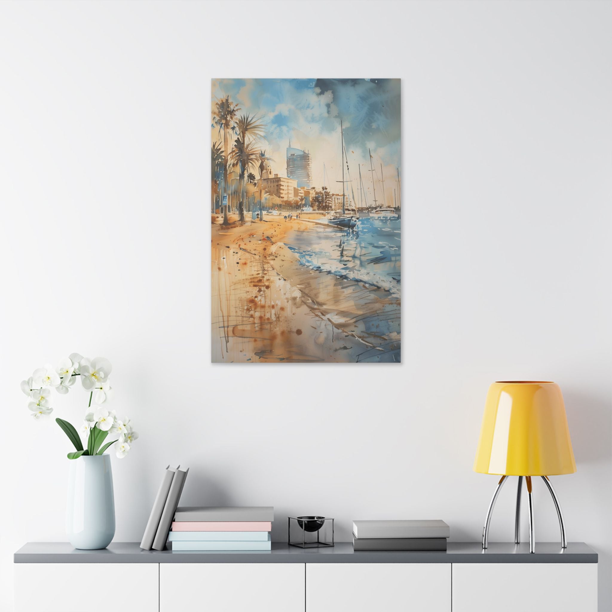Barcelona Coastal Harbor Beach Stretched Canvas — Seaside Watercolor Wall Art