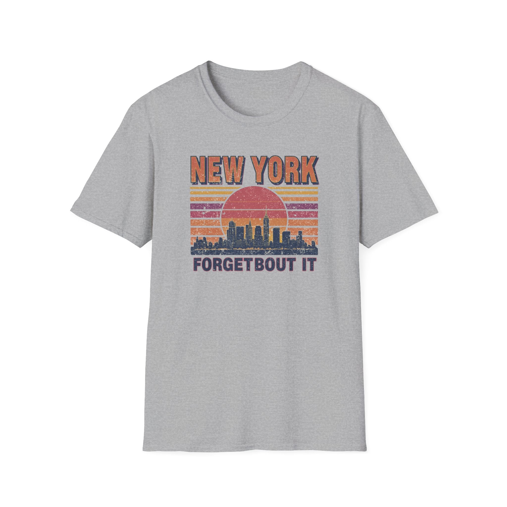 New York Skyline T‑Shirt – “Forgetbout It” Vintage Sunset Tee