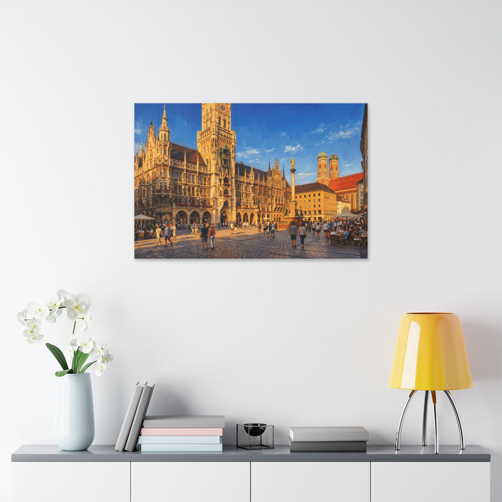Munich Marienplatz Canvas Wall Art – European Cityscape Stretched Canvas
