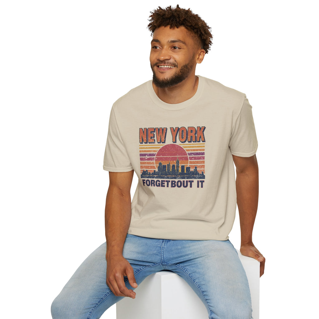 New York Skyline T‑Shirt – “Forgetbout It” Vintage Sunset Tee