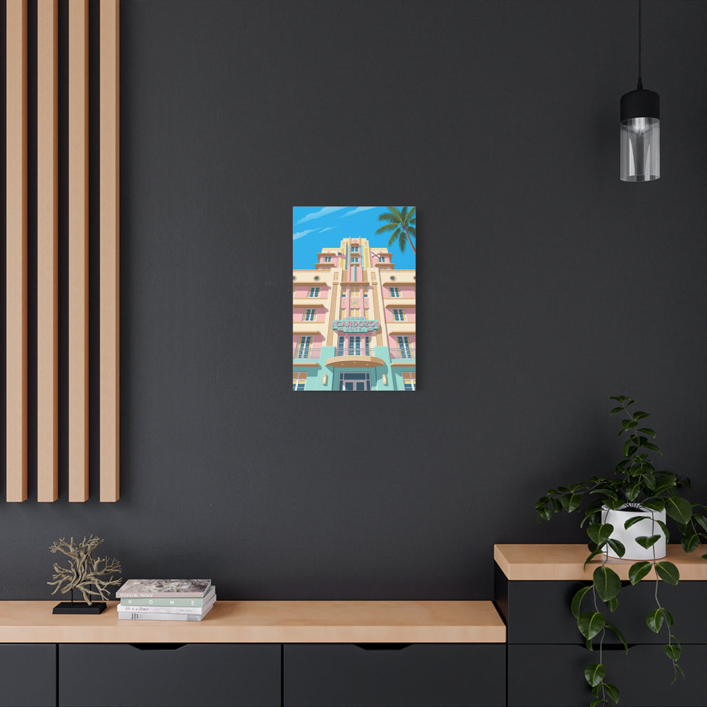 Art Deco Beach Hotel Canvas — Miami Palm Retro Stretched Wall Art
