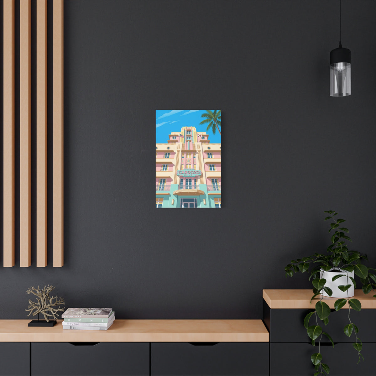 Art Deco Beach Hotel Canvas — Miami Palm Retro Stretched Wall Art