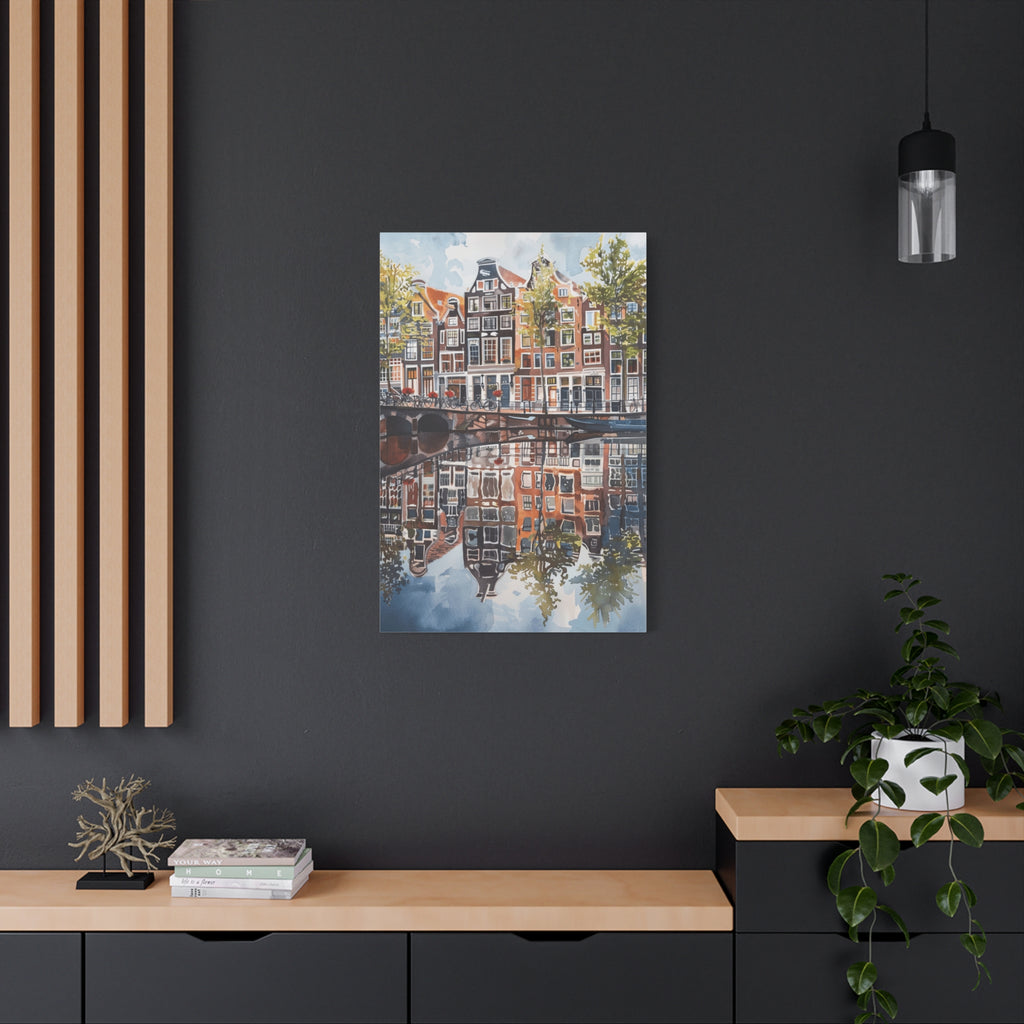 Amsterdam Canal Reflection Canvas Print — European Cityscape Wall Art