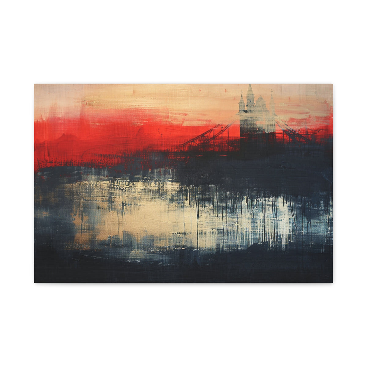 Abstract London Bridge Canvas Wall Art – Red & Navy Stretched Painting