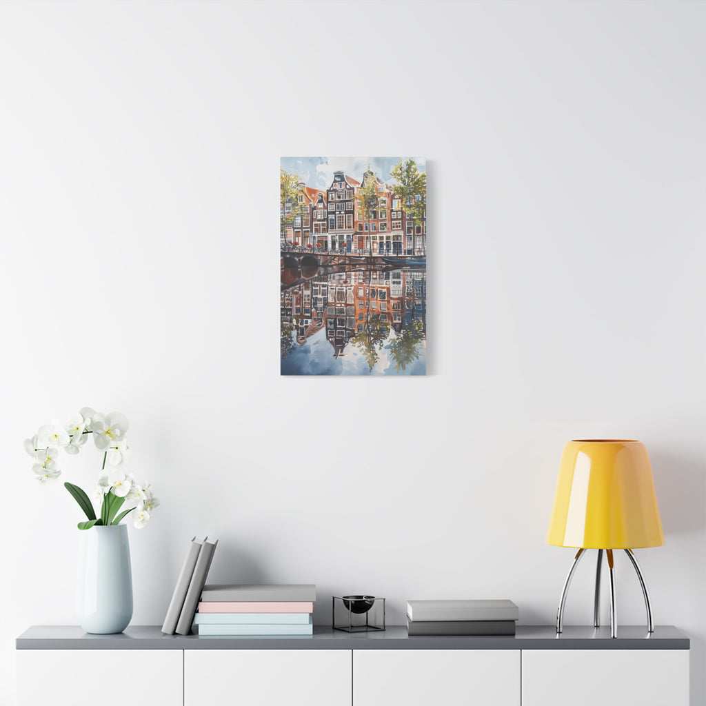 Amsterdam Canal Reflection Canvas Print — European Cityscape Wall Art