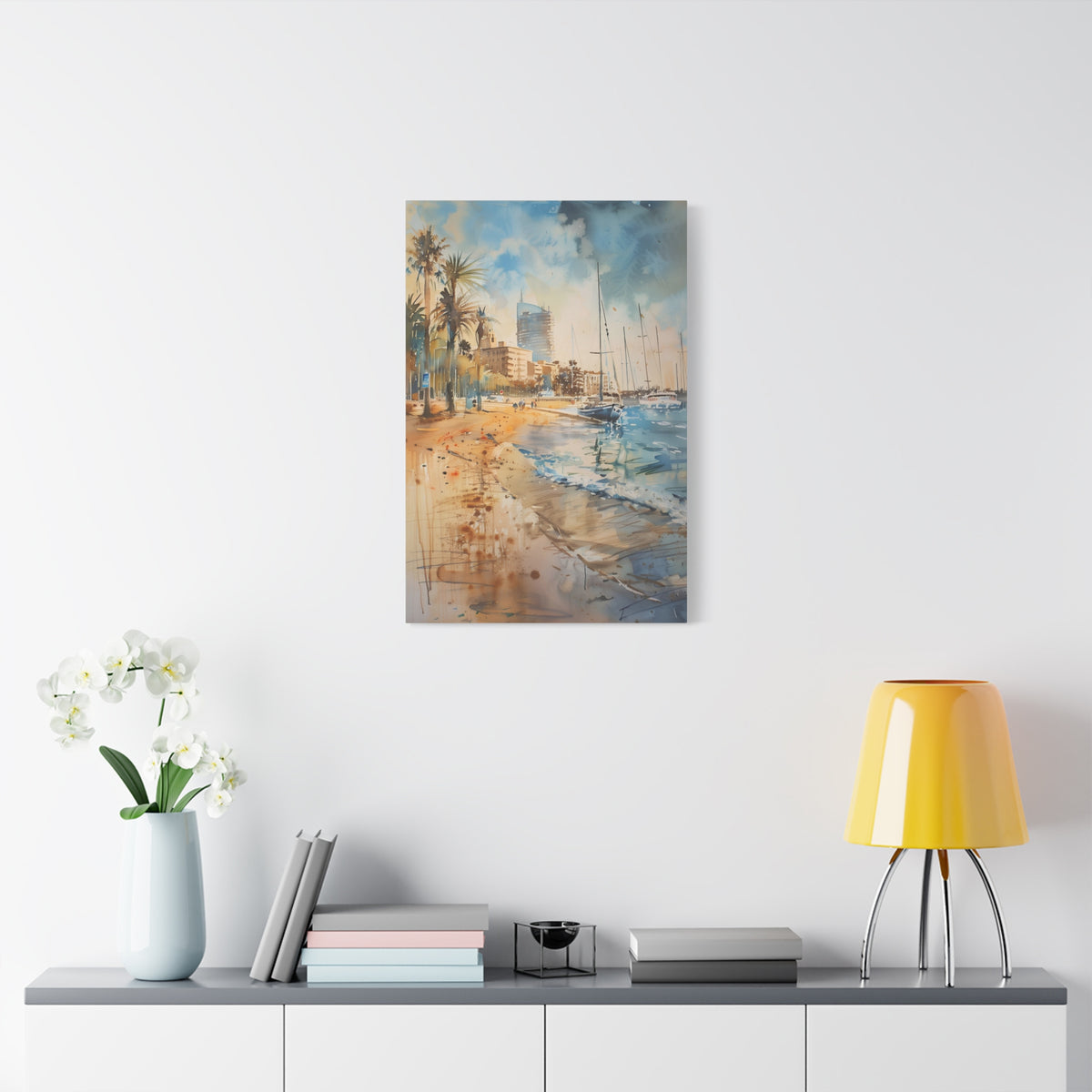Barcelona Harbour - Mediterranean Seaside Palm Beach Canvas — Coastal Watercolor Stretched Wall Art