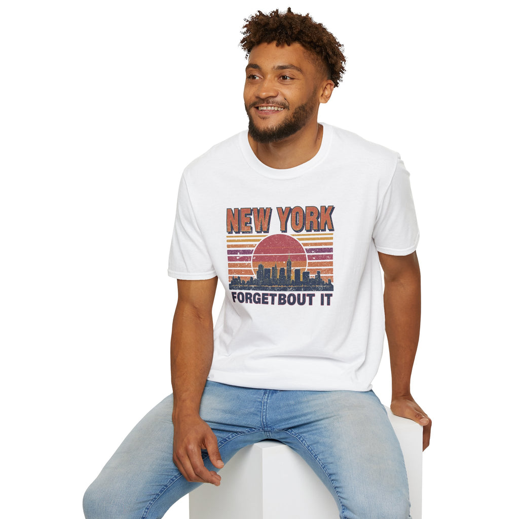 New York Skyline T‑Shirt – “Forgetbout It” Vintage Sunset Tee