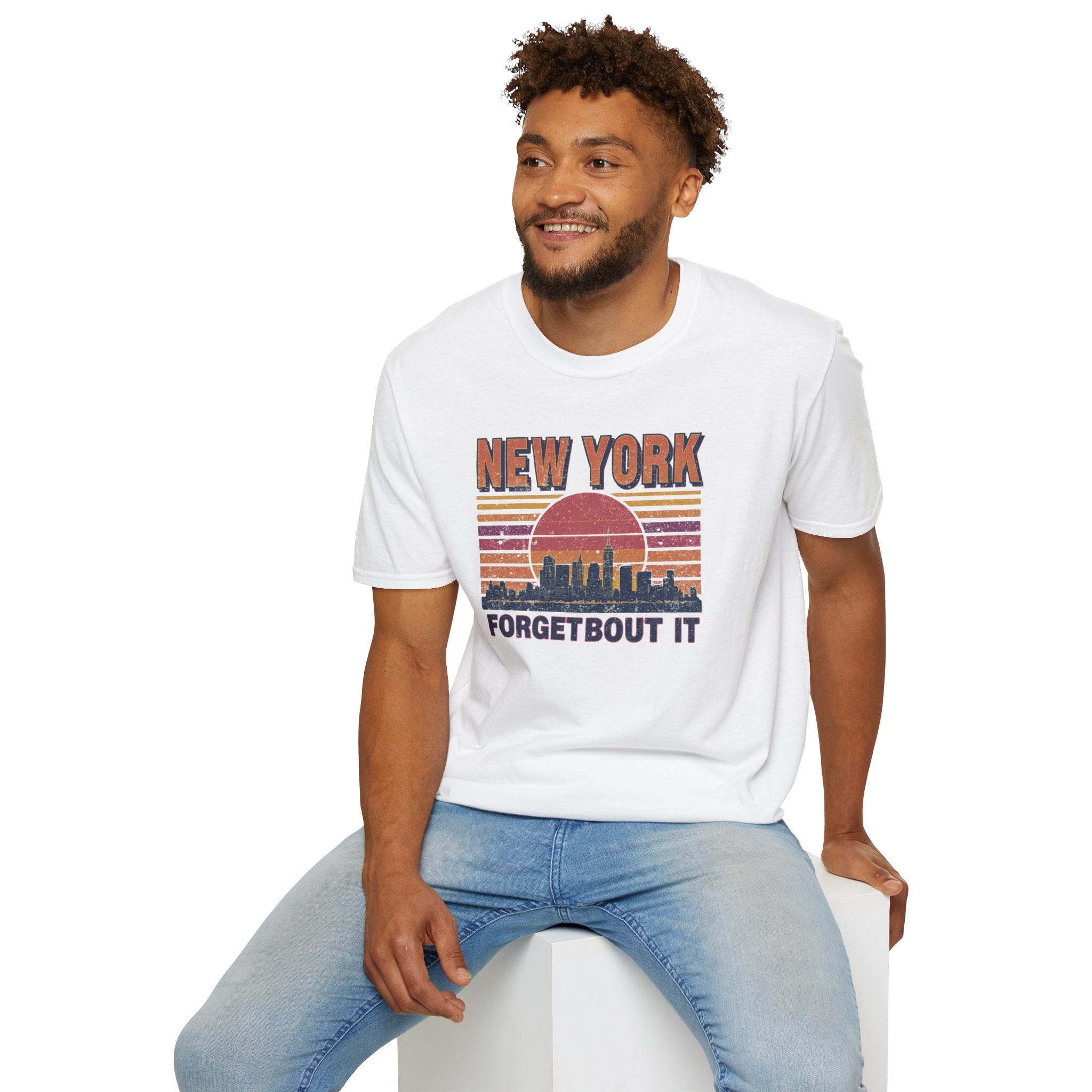 New York Skyline T‑Shirt – “Forgetbout It” Vintage Sunset Tee