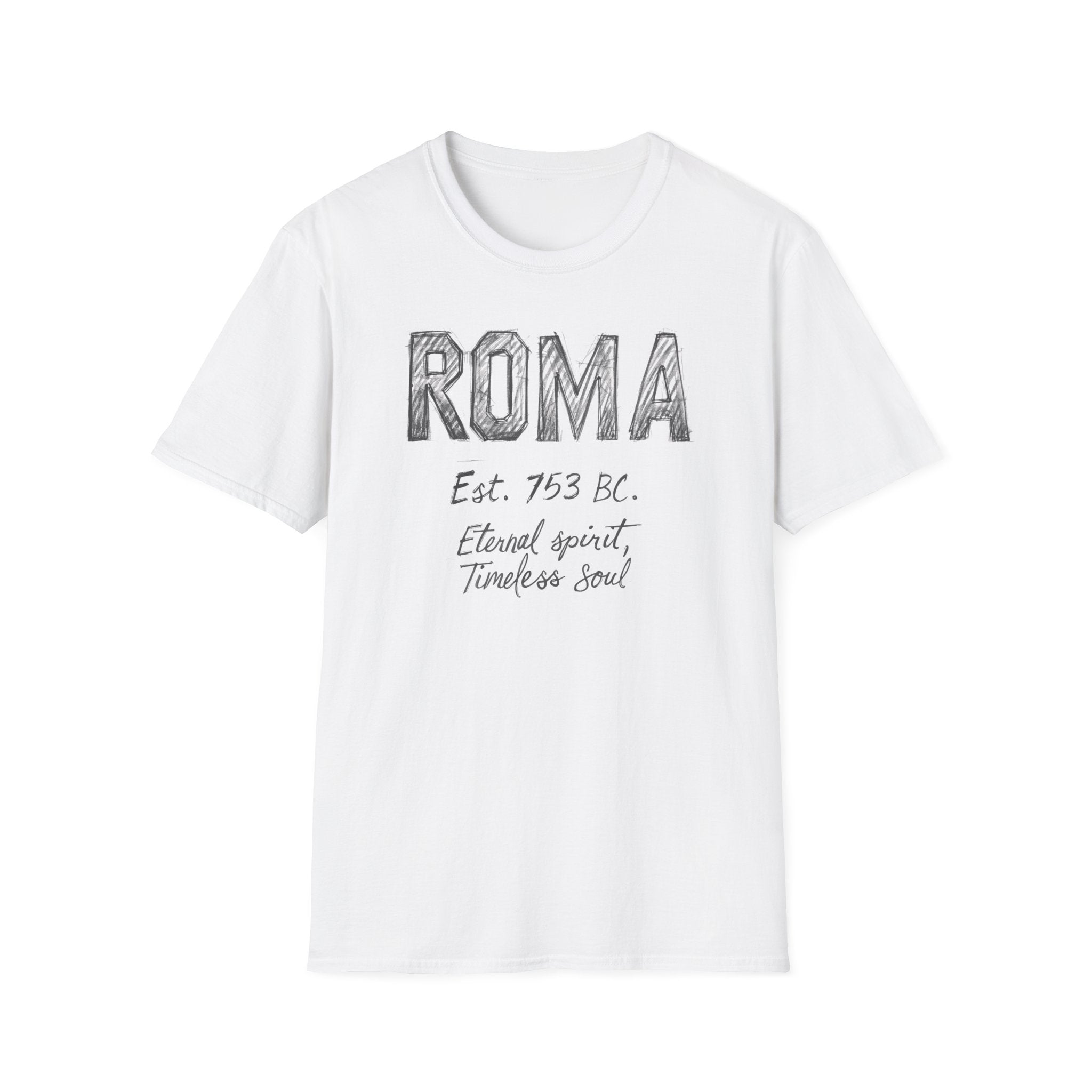 Roma Vintage Script T-Shirt — 'Roma Est. 753 BC, Eternal spirit, Timeless soul'
