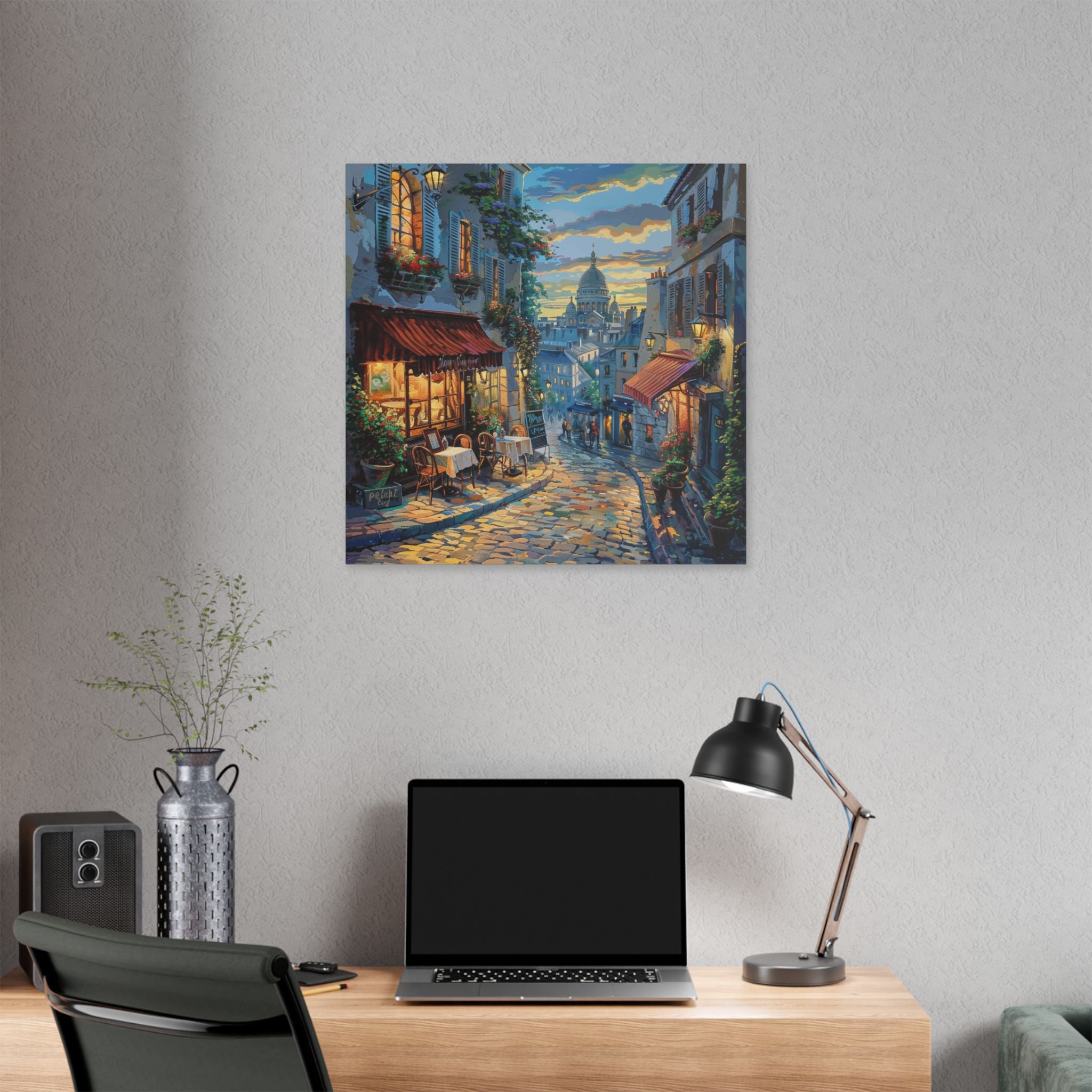 Paris Evening Street Canvas Wall Art — Cozy Café Cityscape Stretched Canvas