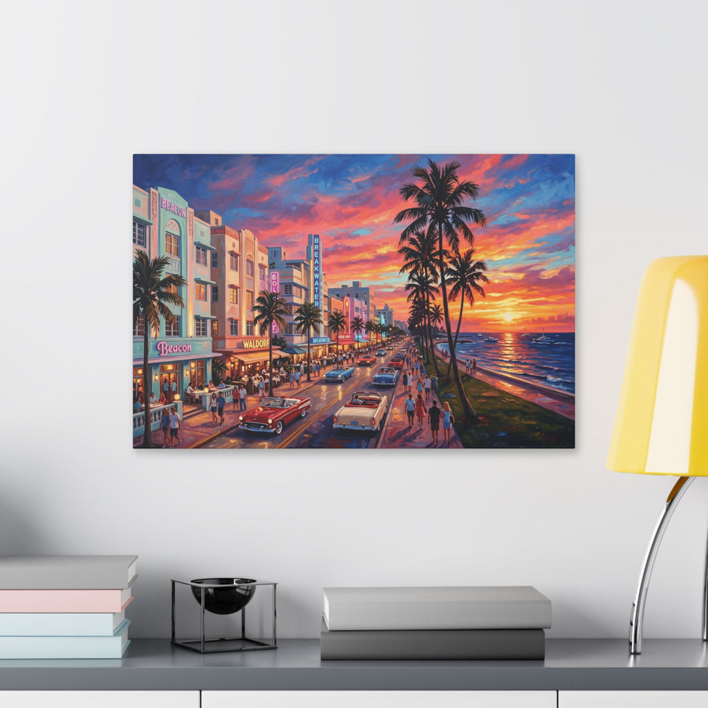 Miami Beach Sunset Canvas Print — Retro Ocean Drive Wall Art