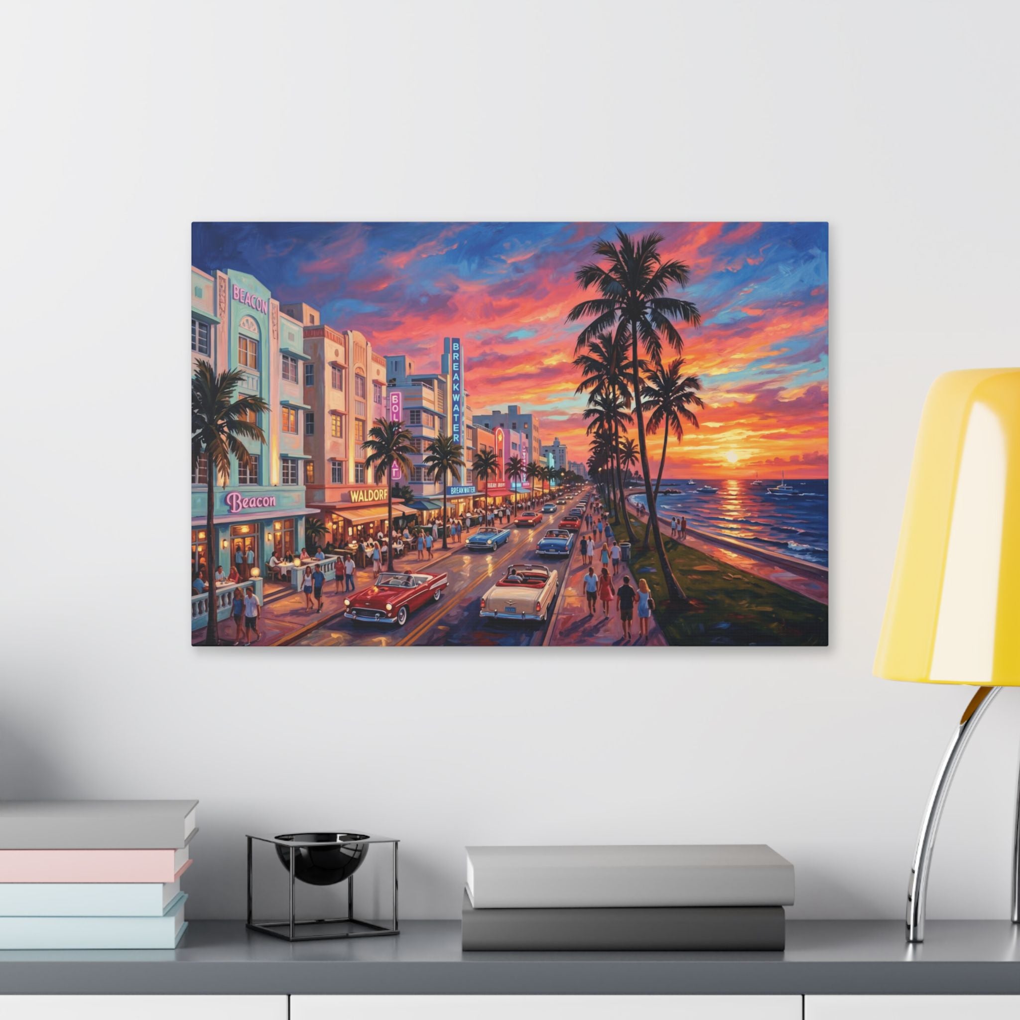 Miami Beach Sunset Canvas Print — Retro Ocean Drive Wall Art