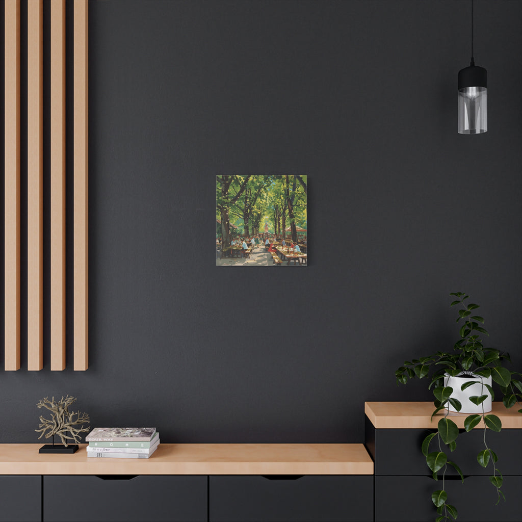 Biergarten Canvas Wall Art — Sunny Tree-Lined Outdoor Market Scene