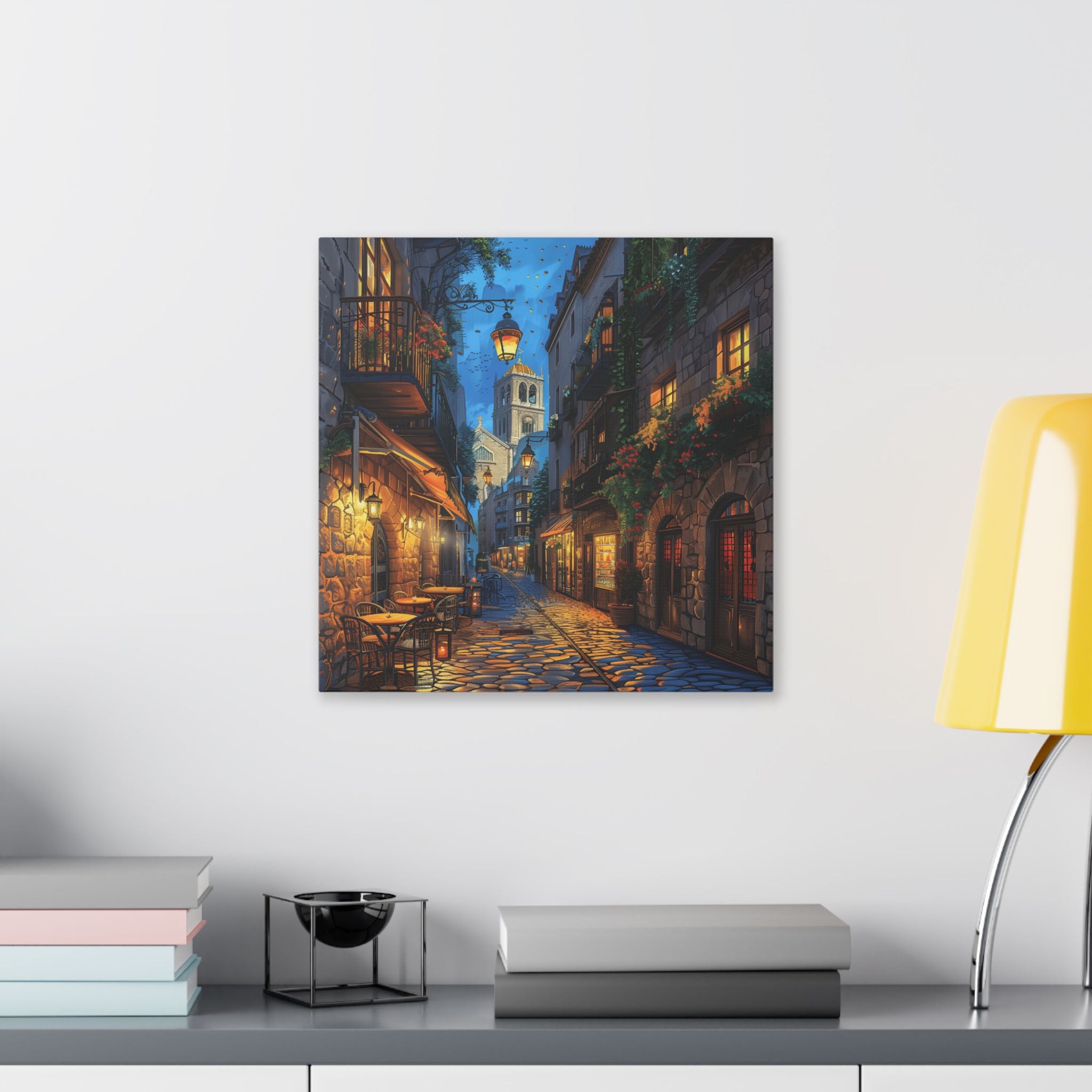 Gothic Quarter Street Barcelona - Evening Rue – European Cobblestone Street Stretched Canvas Wall Art