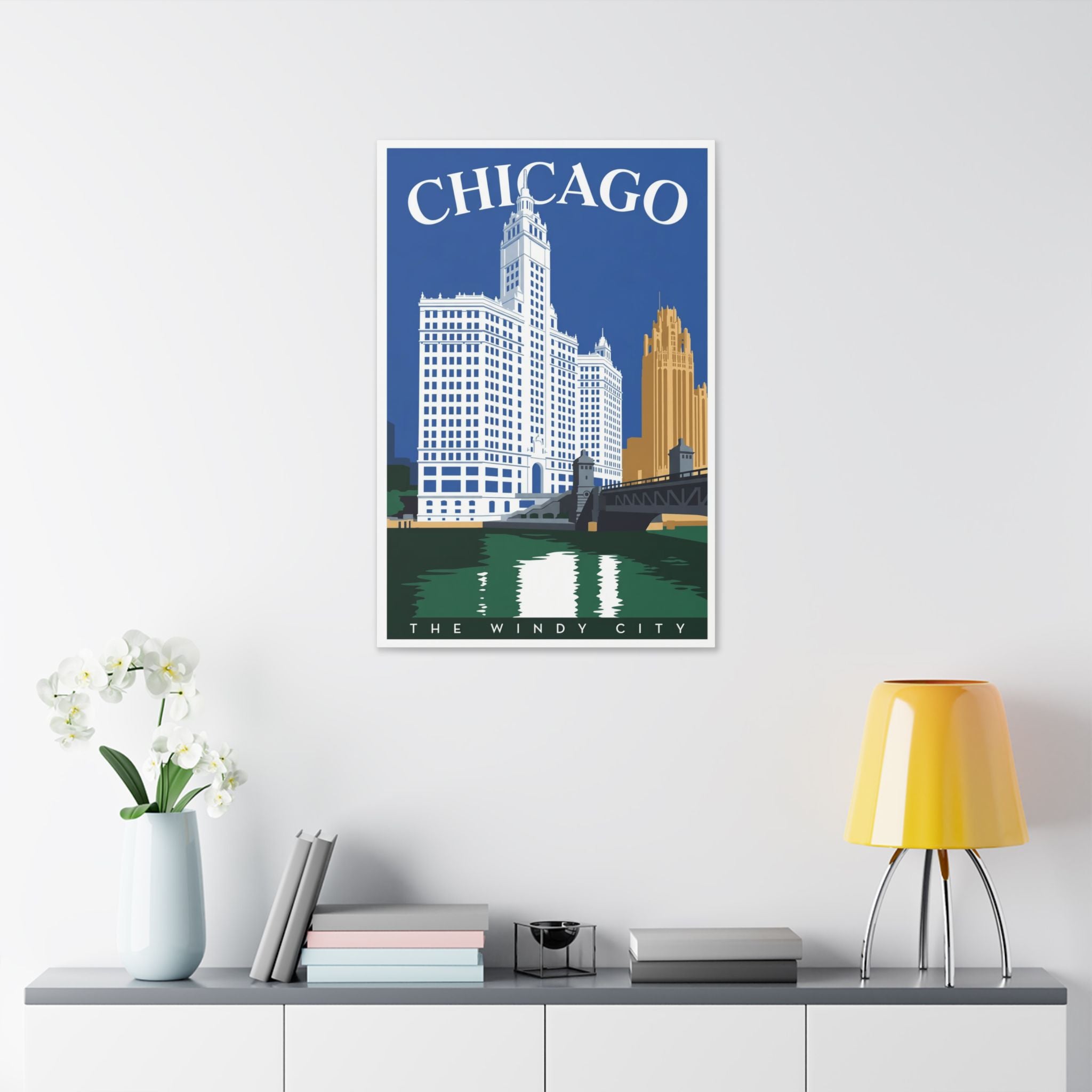 Chicago Skyline Stretched Canvas – The Windy City Retro Travel Art