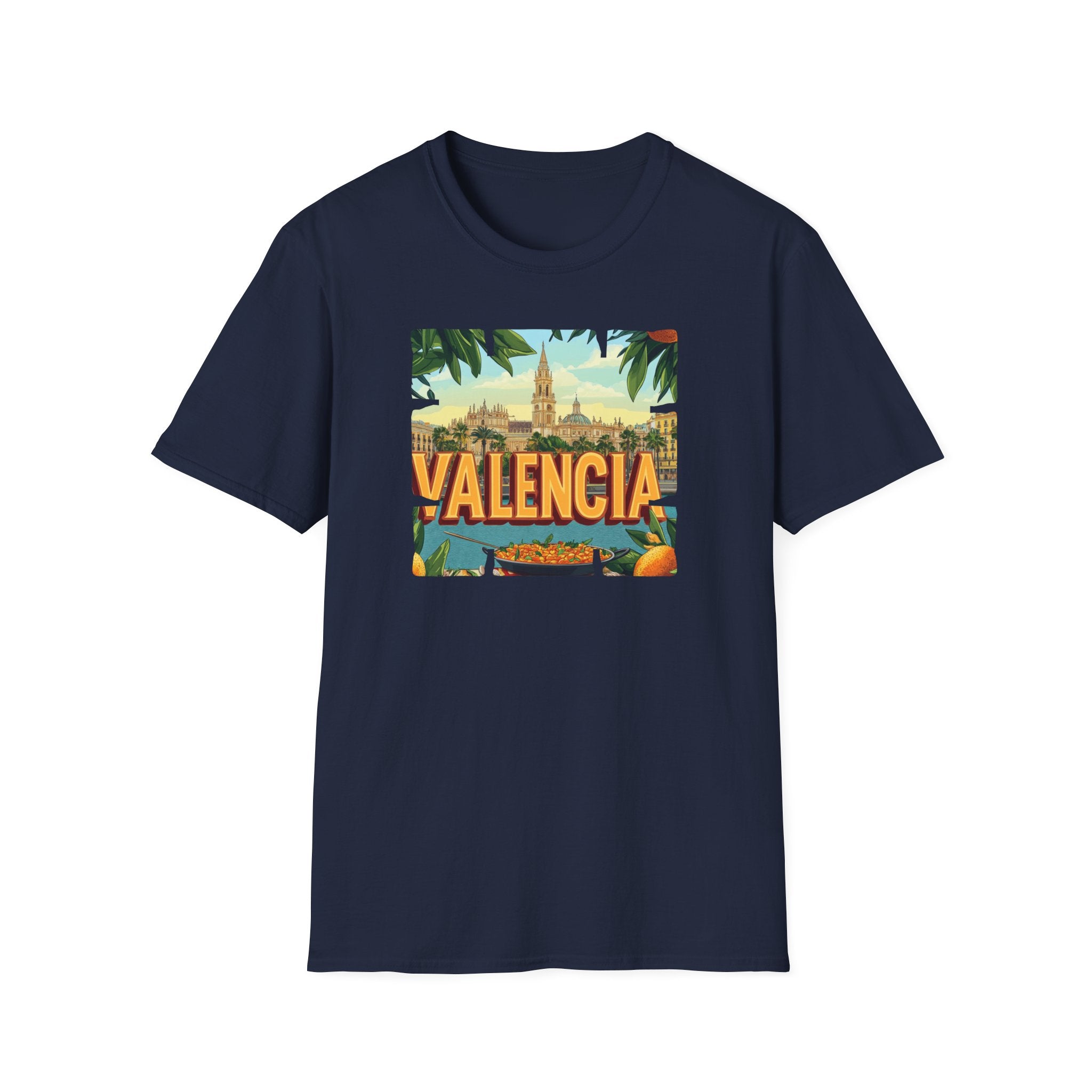 Valencia vintage travel postcard T-Shirt | Spain city skyline, oranges, palm leaves