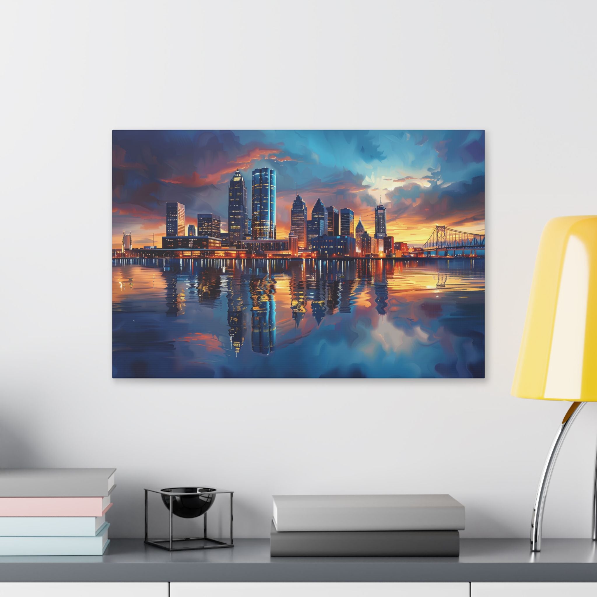 Detroit Skyline - Detroit River - Ambassador Bridge - Cityscape Reflection Canvas Print — Vibrant Skyline Wall Art