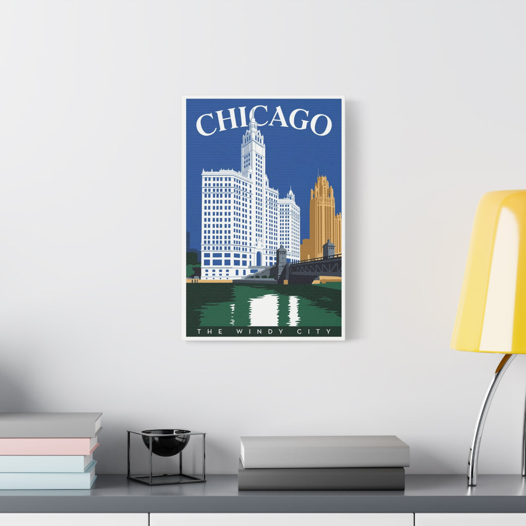 Chicago Skyline Stretched Canvas – The Windy City Retro Travel Art