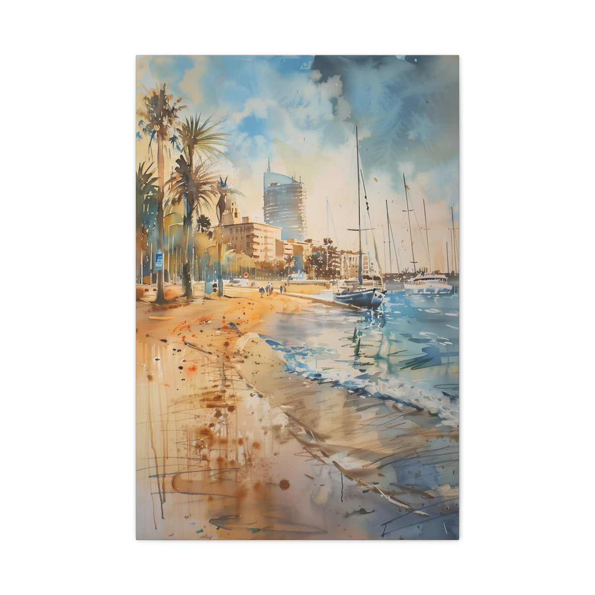 Barcelona Harbour - Mediterranean Seaside Palm Beach Canvas — Coastal Watercolor Stretched Wall Art