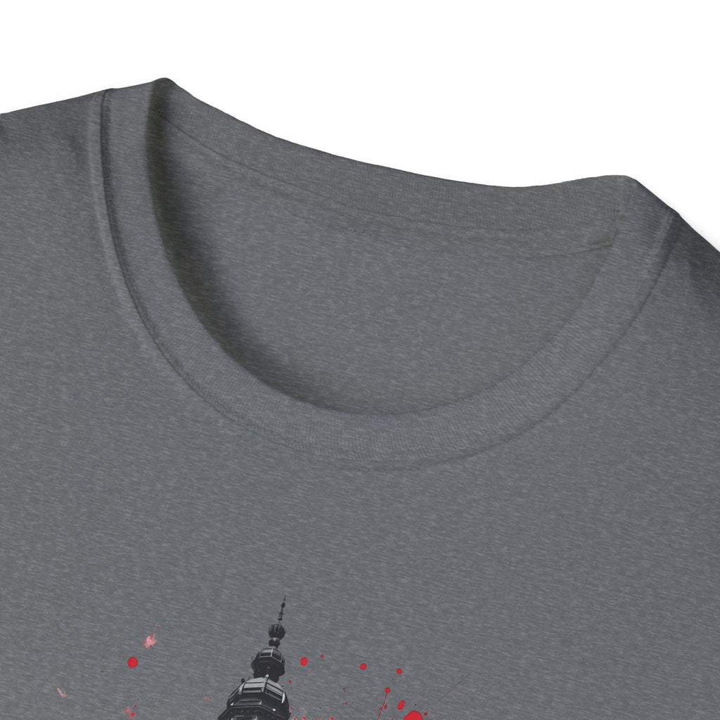 Munich Football Illustration T-Shirt | Soccer Ball, Clock Tower, Red Paint Splatter