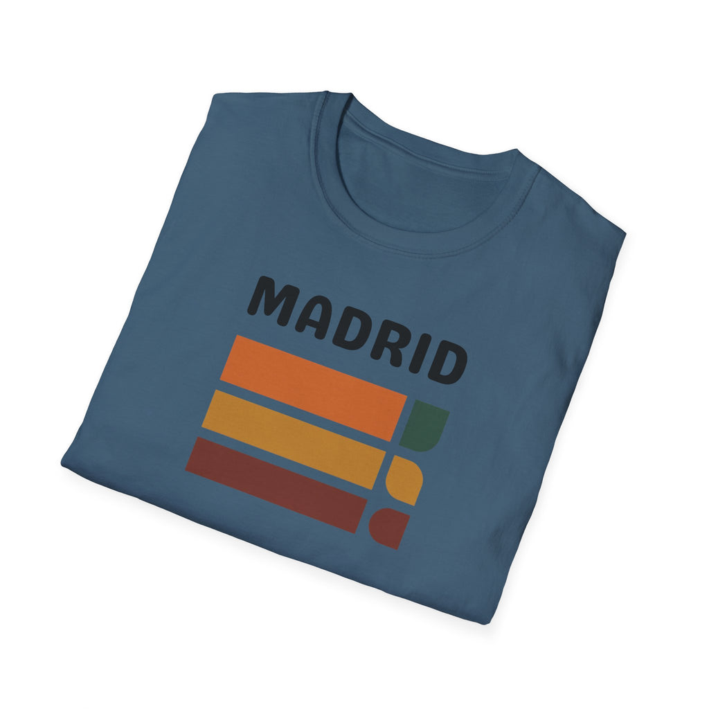 Madrid Retro Stripes T-Shirt | Vintage City Typography, Earth Tone Bars