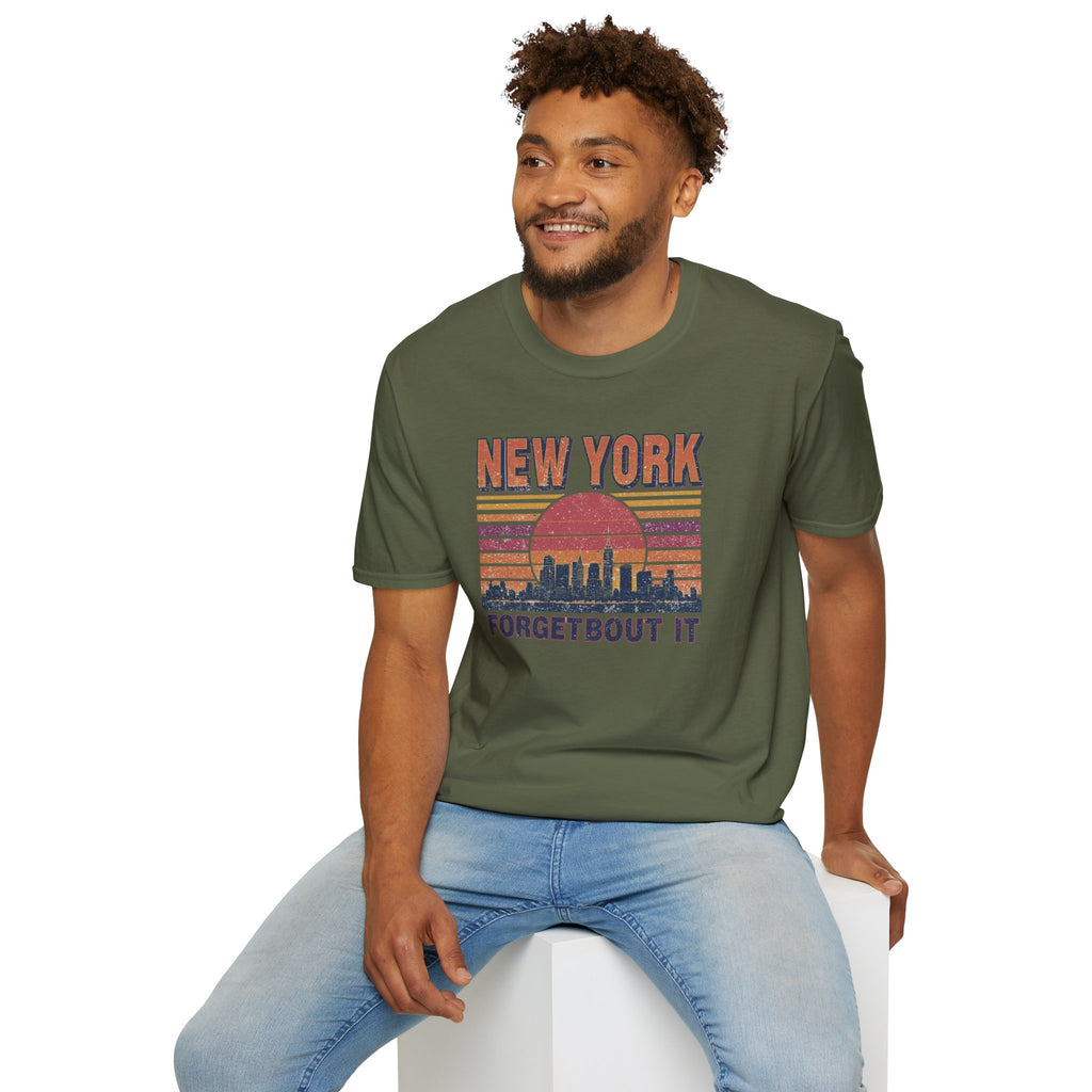 New York Skyline T‑Shirt – “Forgetbout It” Vintage Sunset Tee