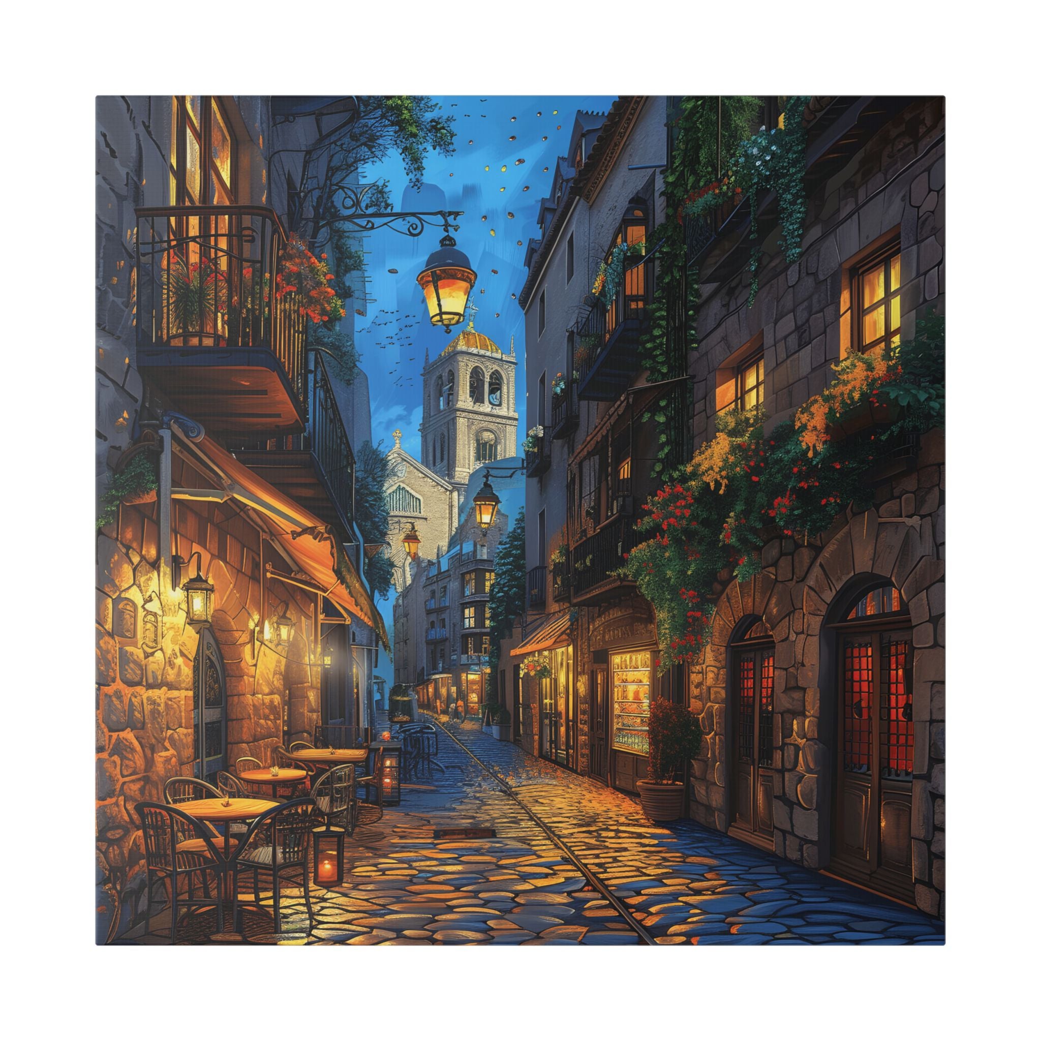 Gothic Quarter Street Barcelona - Evening Rue – European Cobblestone Street Stretched Canvas Wall Art
