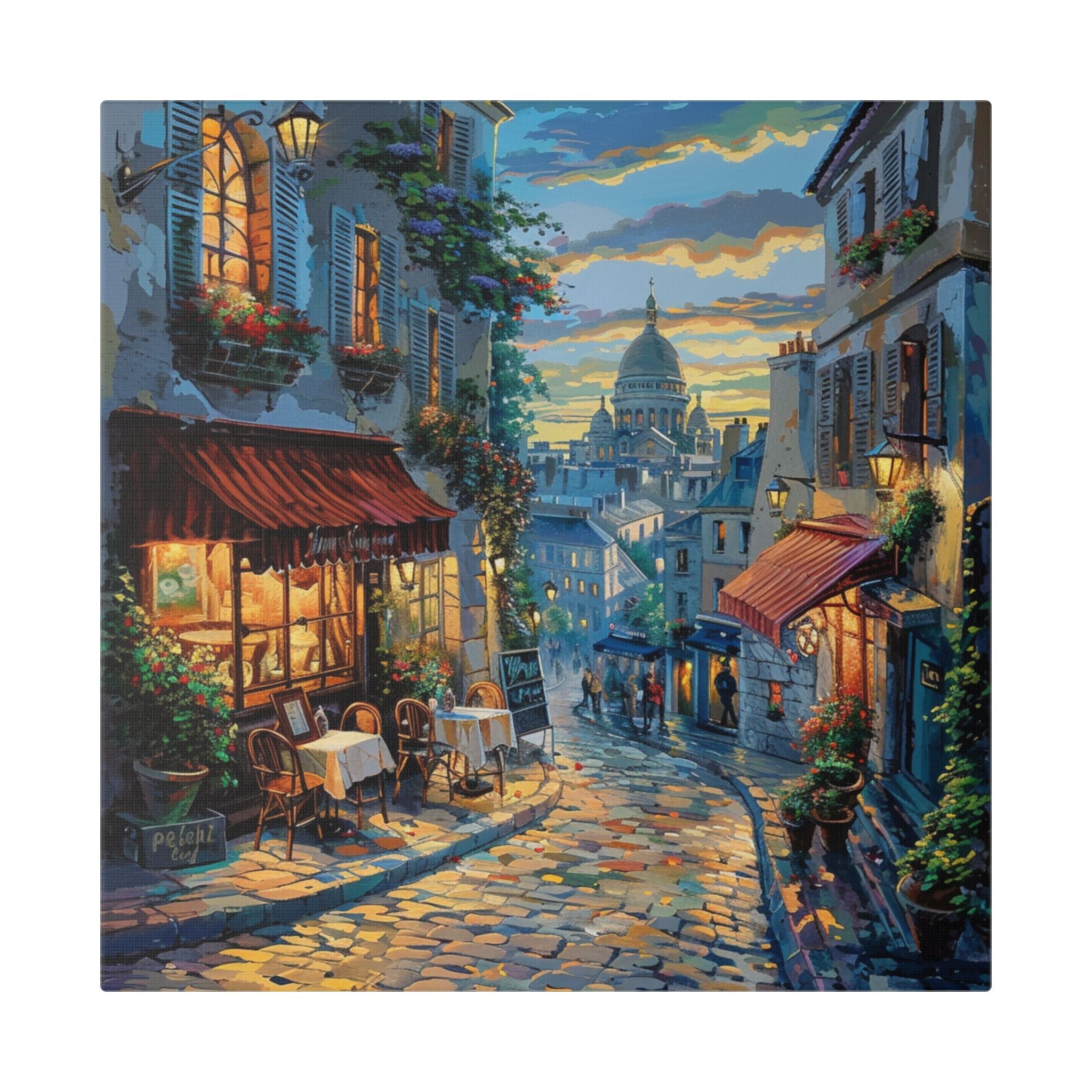 Paris Evening Street Canvas Wall Art — Cozy Café Cityscape Stretched Canvas