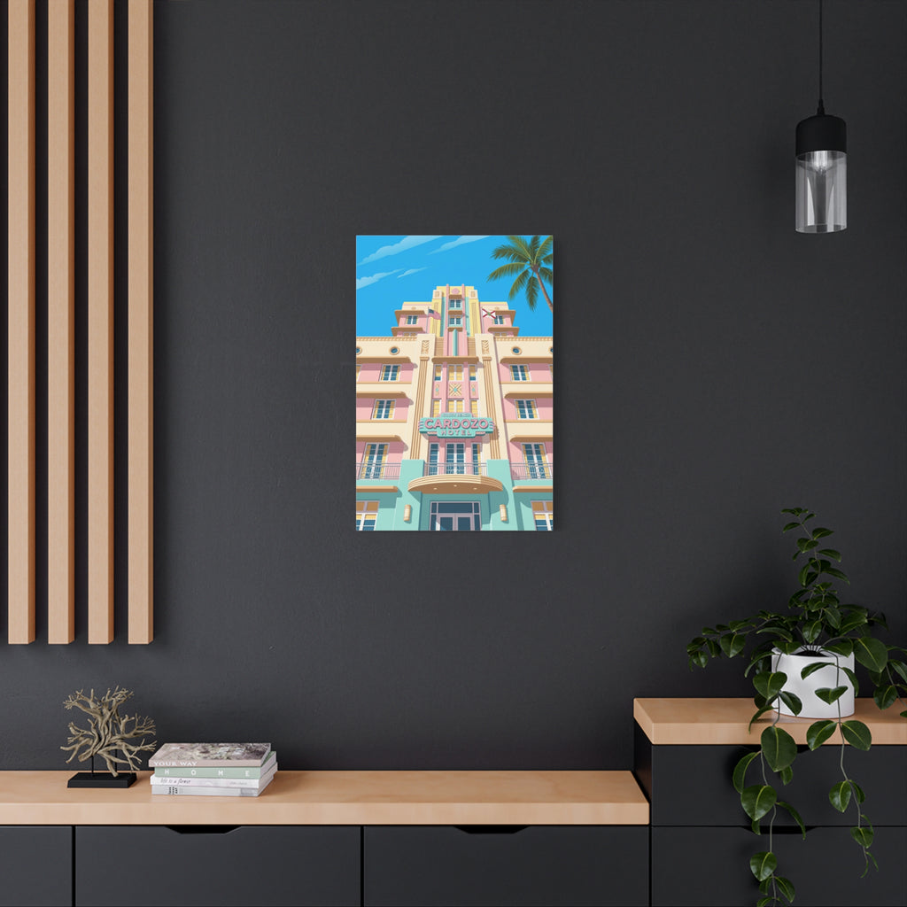 Art Deco Beach Hotel Canvas — Miami Palm Retro Stretched Wall Art