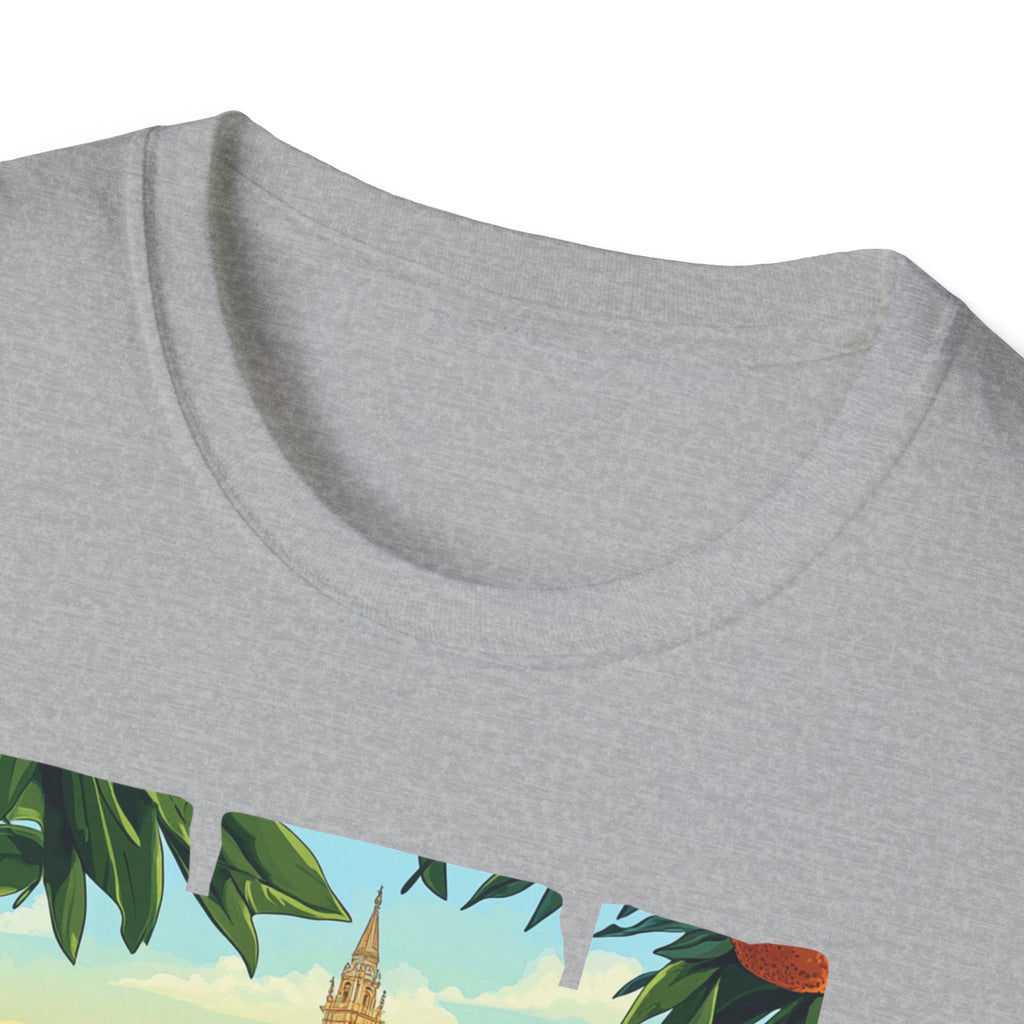 Valencia vintage travel postcard T-Shirt | Spain city skyline, oranges, palm leaves