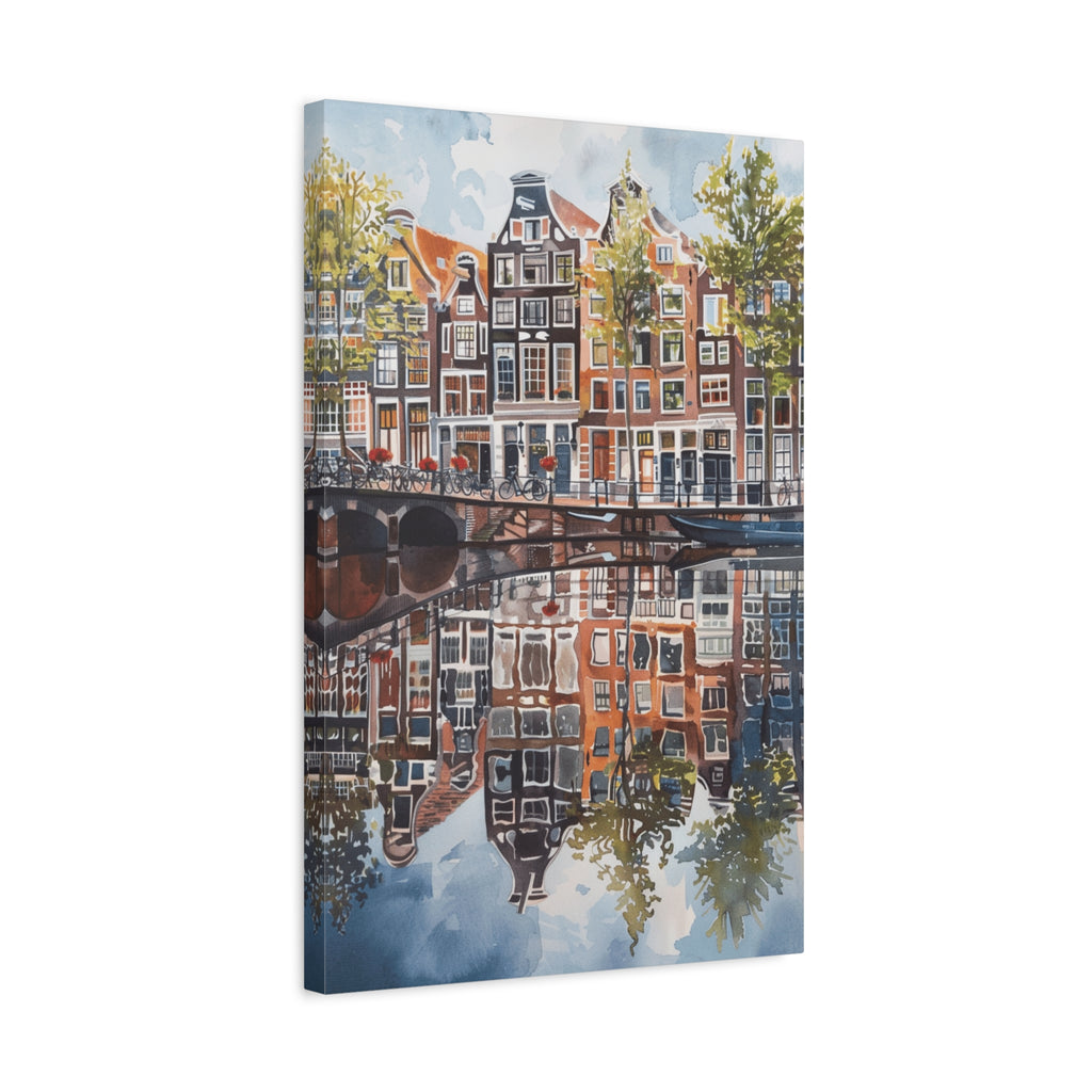 Amsterdam Canal Reflection Canvas Print — European Cityscape Wall Art