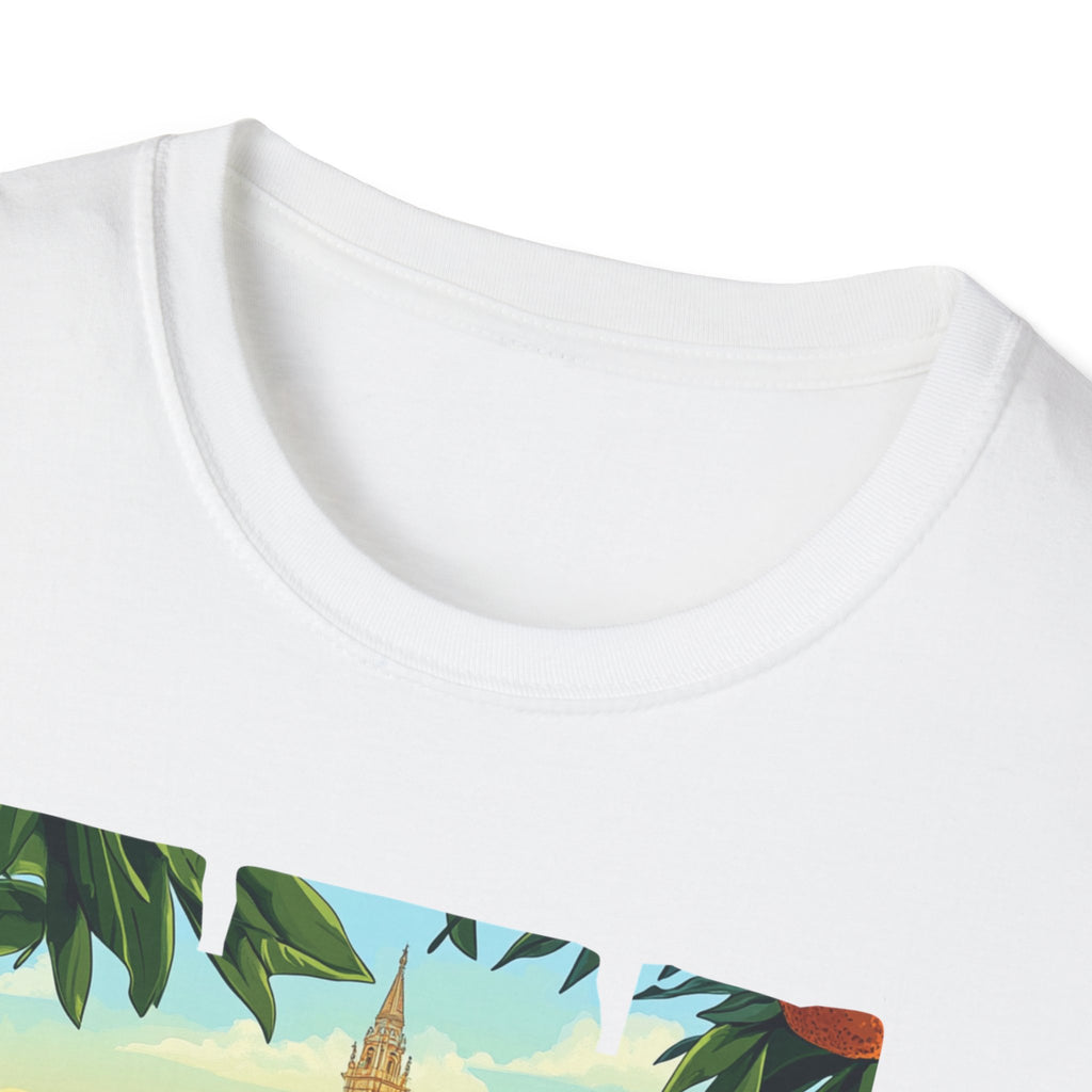 Valencia vintage travel postcard T-Shirt | Spain city skyline, oranges, palm leaves