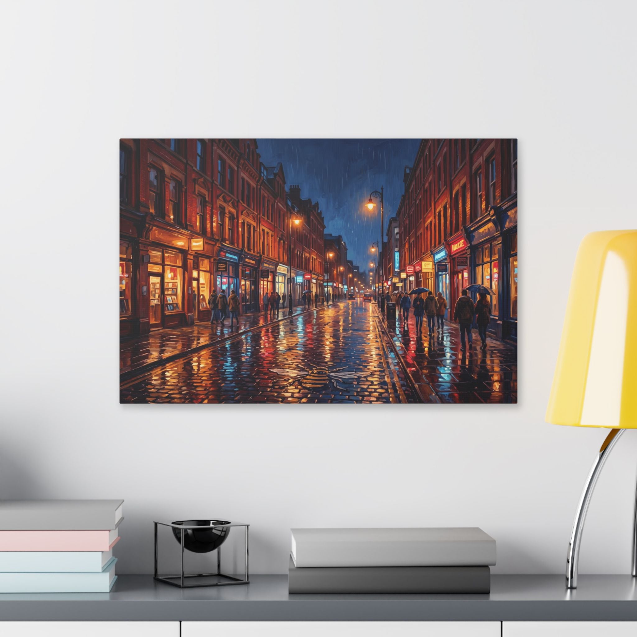 Manchester Northern Quarter - Rainy City Street Canvas Print — Evening Urban Landscape Wall Art